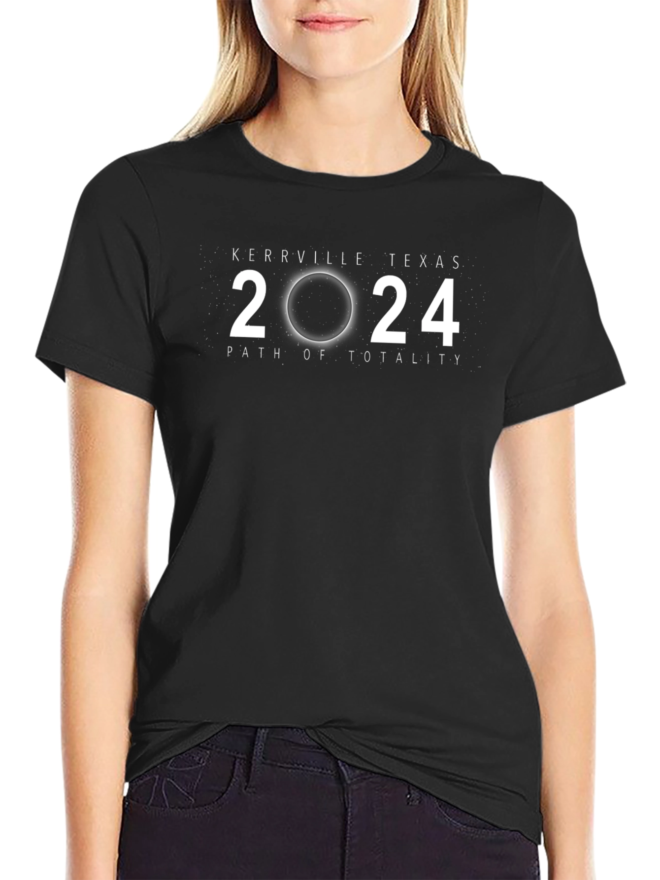 Black Kerrville Texas 2024 Eclipse T-Shirt - Path of Totality view 2
