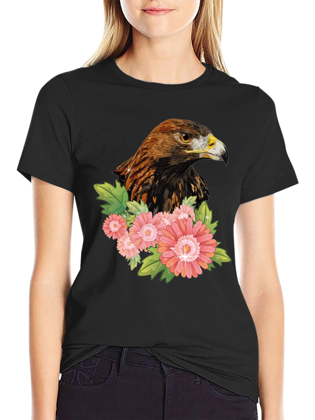Black Eagle & Flowers Graphic T-Shirt - Men's Black Tee view 2