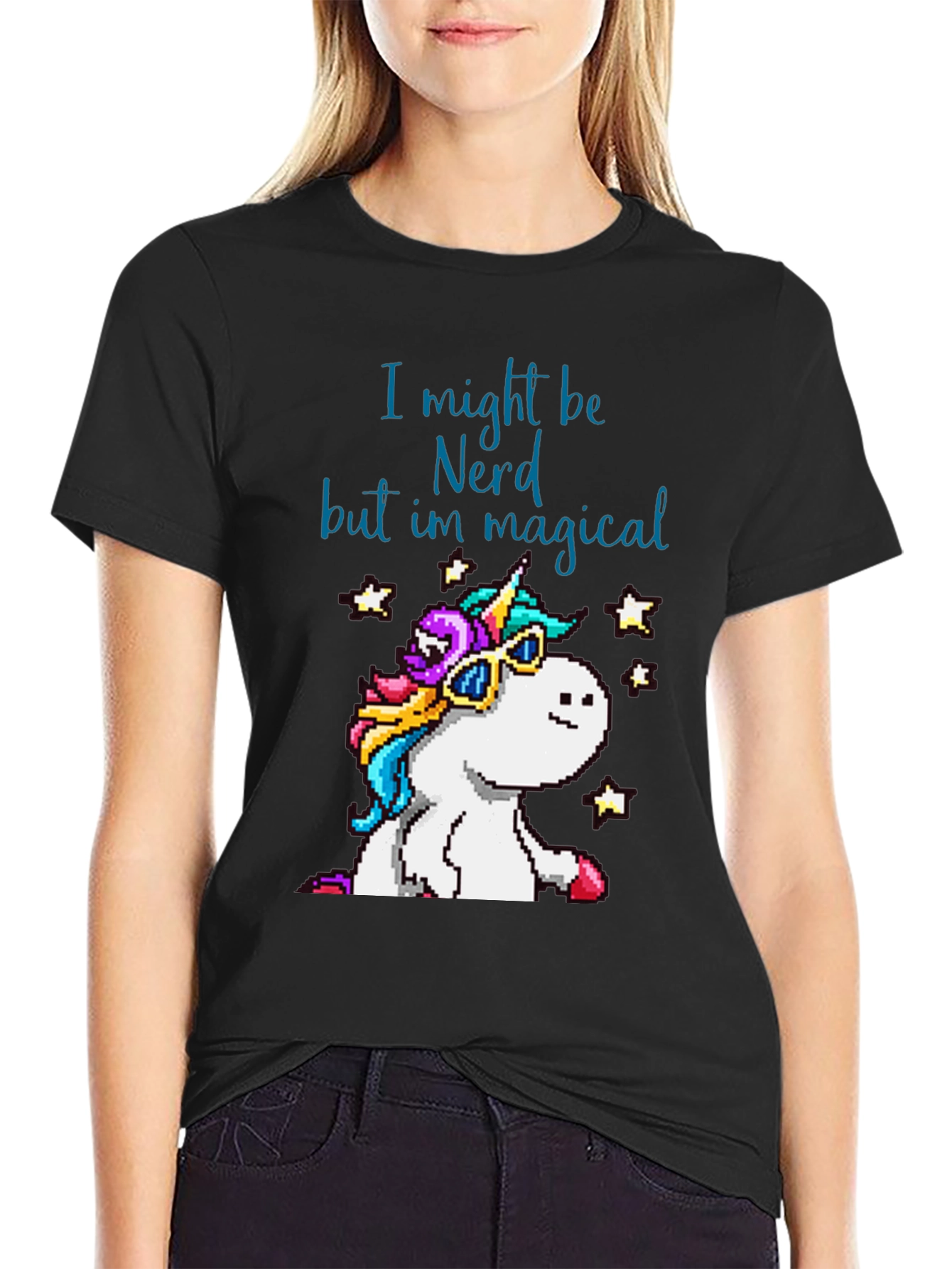 Black Nerd Magical Unicorn T-Shirt - Pixel Art Style view 2