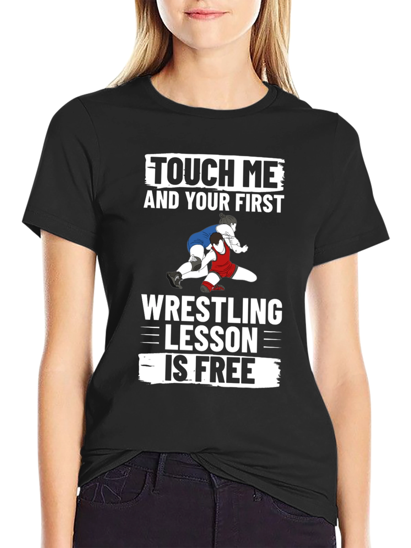 Black Touch Me and Your First Wrestling Lesson is Free Black T-Shirt view 2