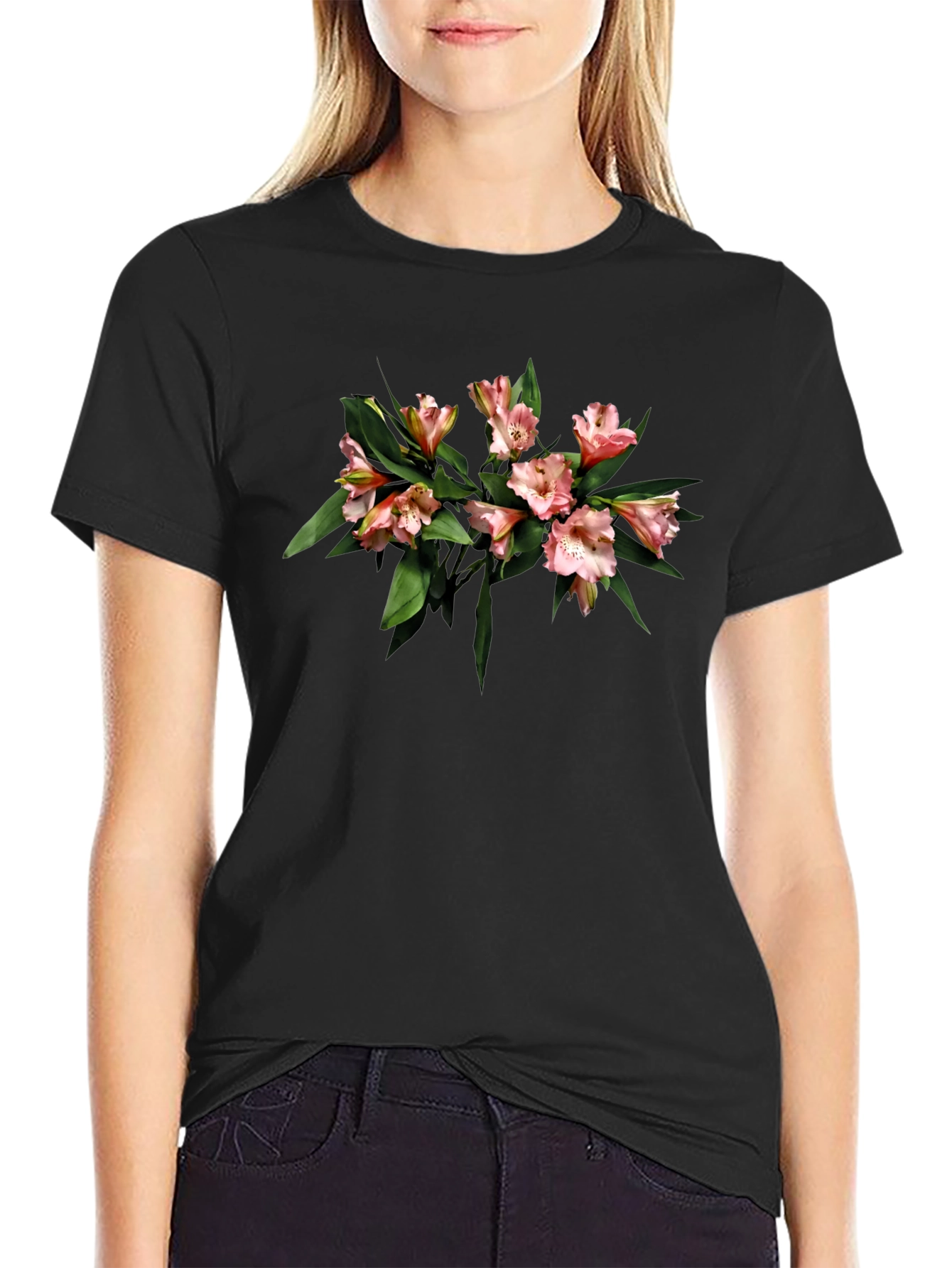 Black Floral Print Black T-Shirt - Casual Style view 2