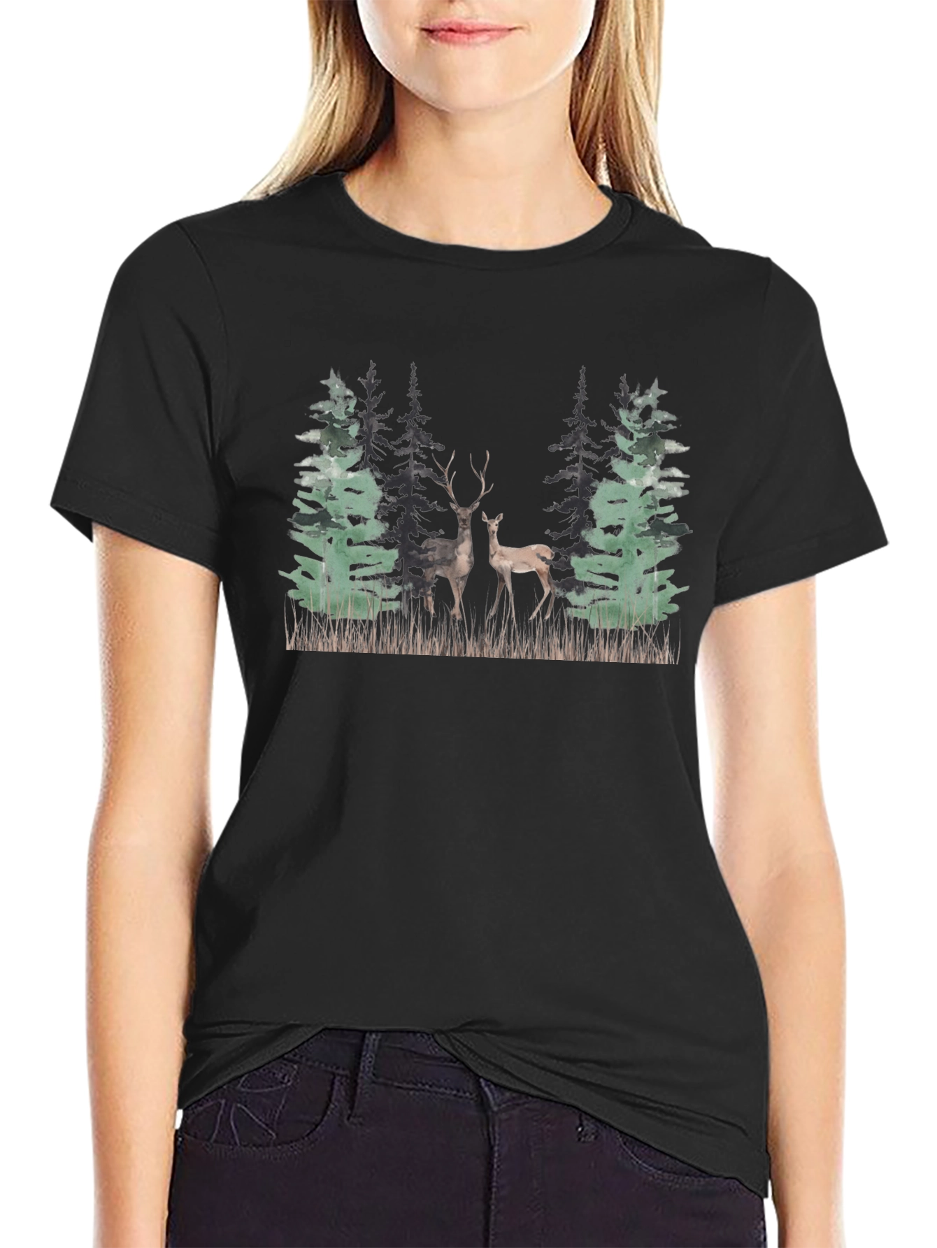 Black Deer Forest Graphic T-Shirt - Nature Inspired Tee view 2