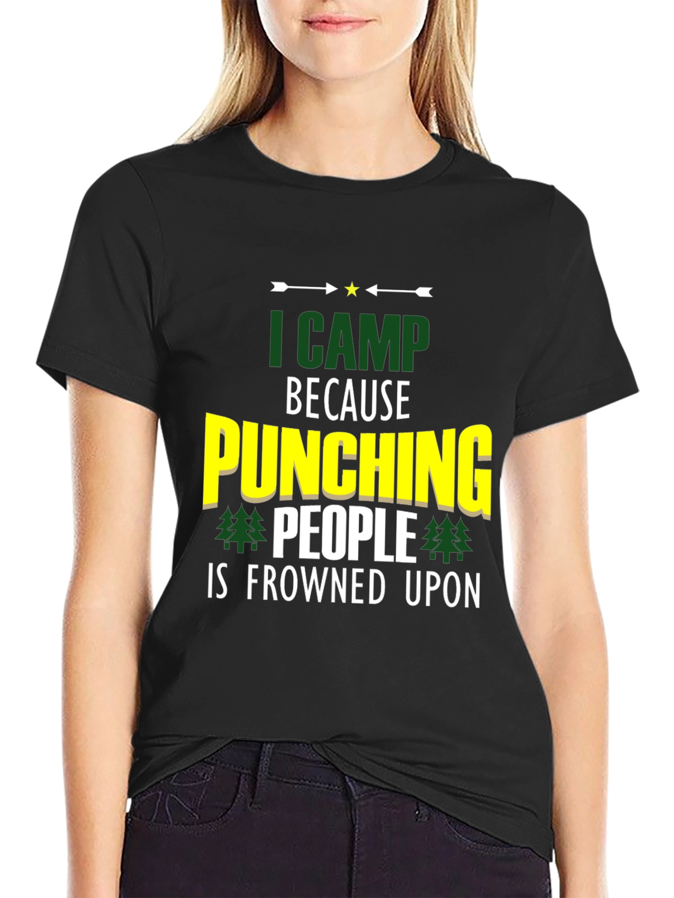 Black Funny Camping T-Shirt - "I Camp Because Punching People Is Frowned Upon" view 2