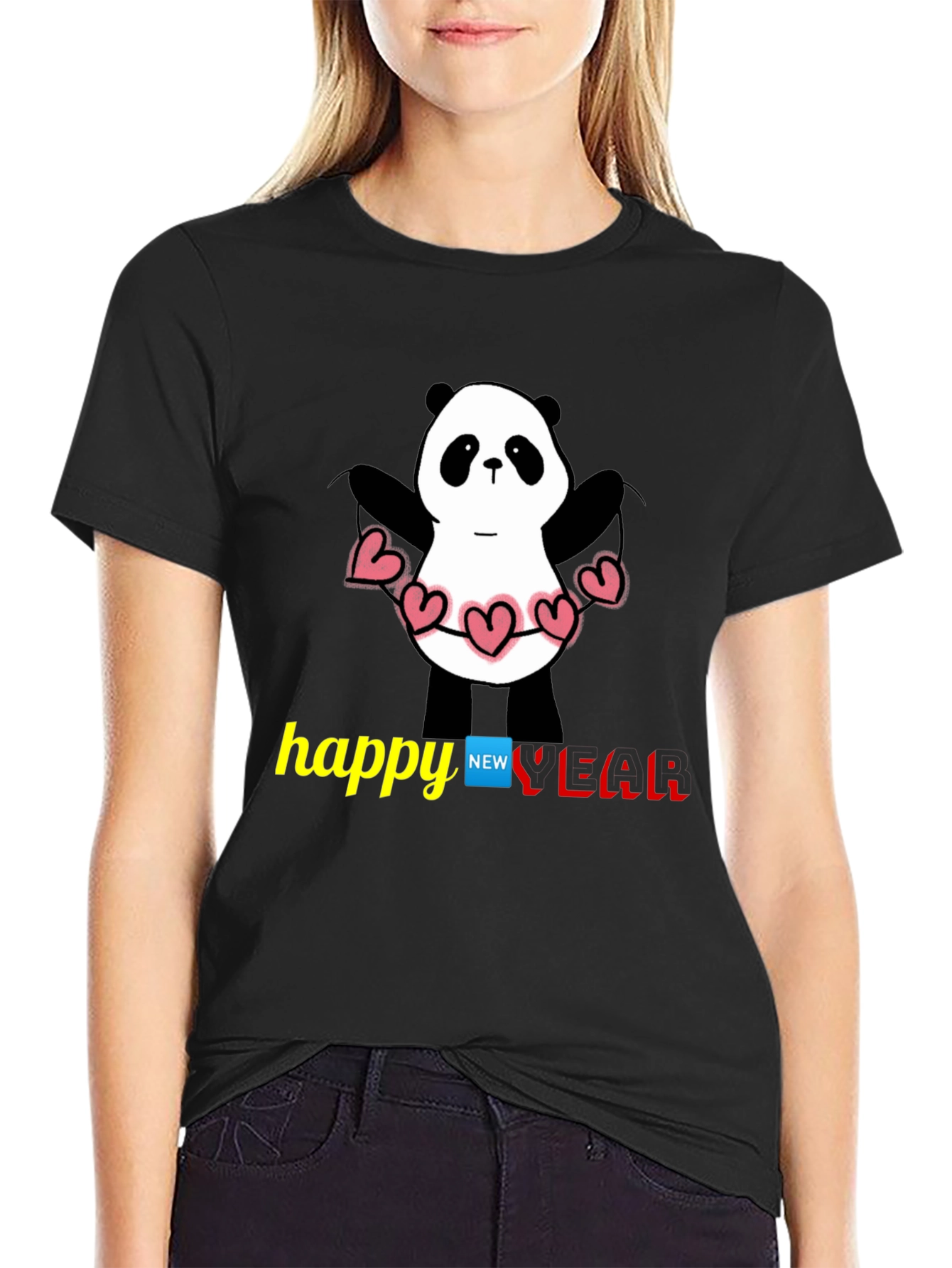 Black Happy New Year Panda T-Shirt - Black view 2