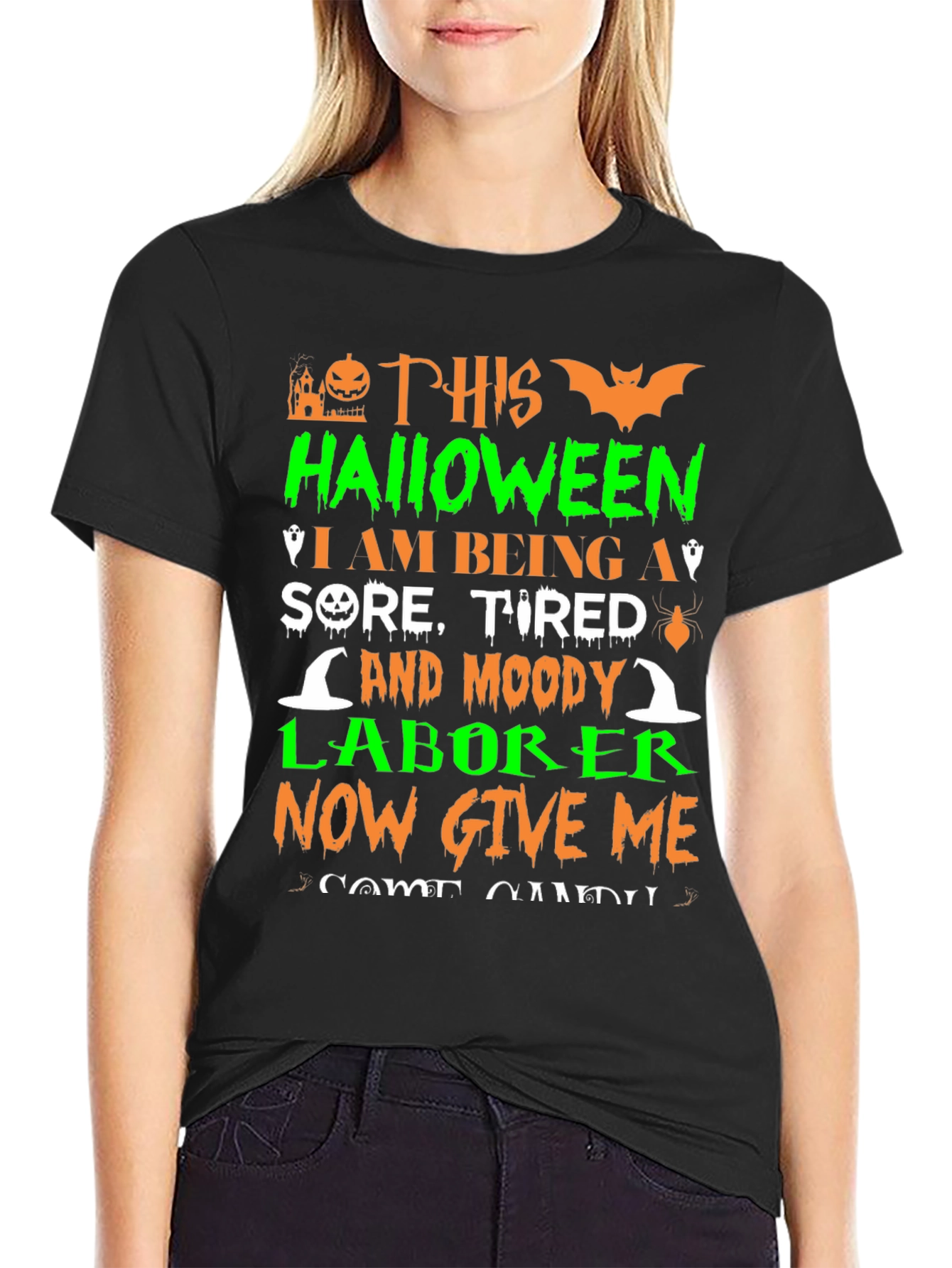 Black Halloween Sore Tired Moody Laborer T-Shirt view 2
