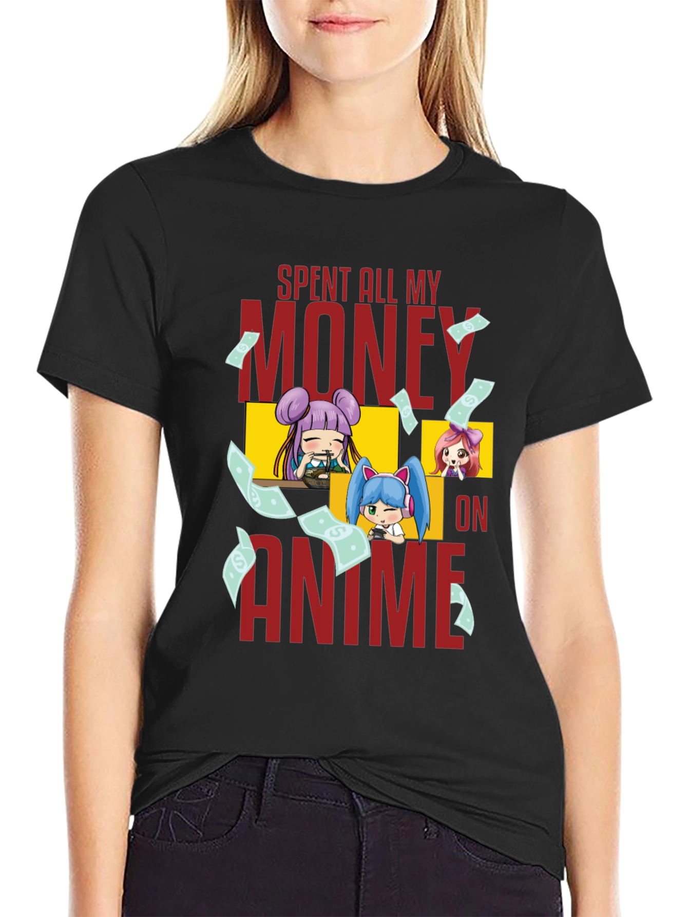 Black Anime Fan T-Shirt - Spent All My Money On Anime Graphic Tee view 2