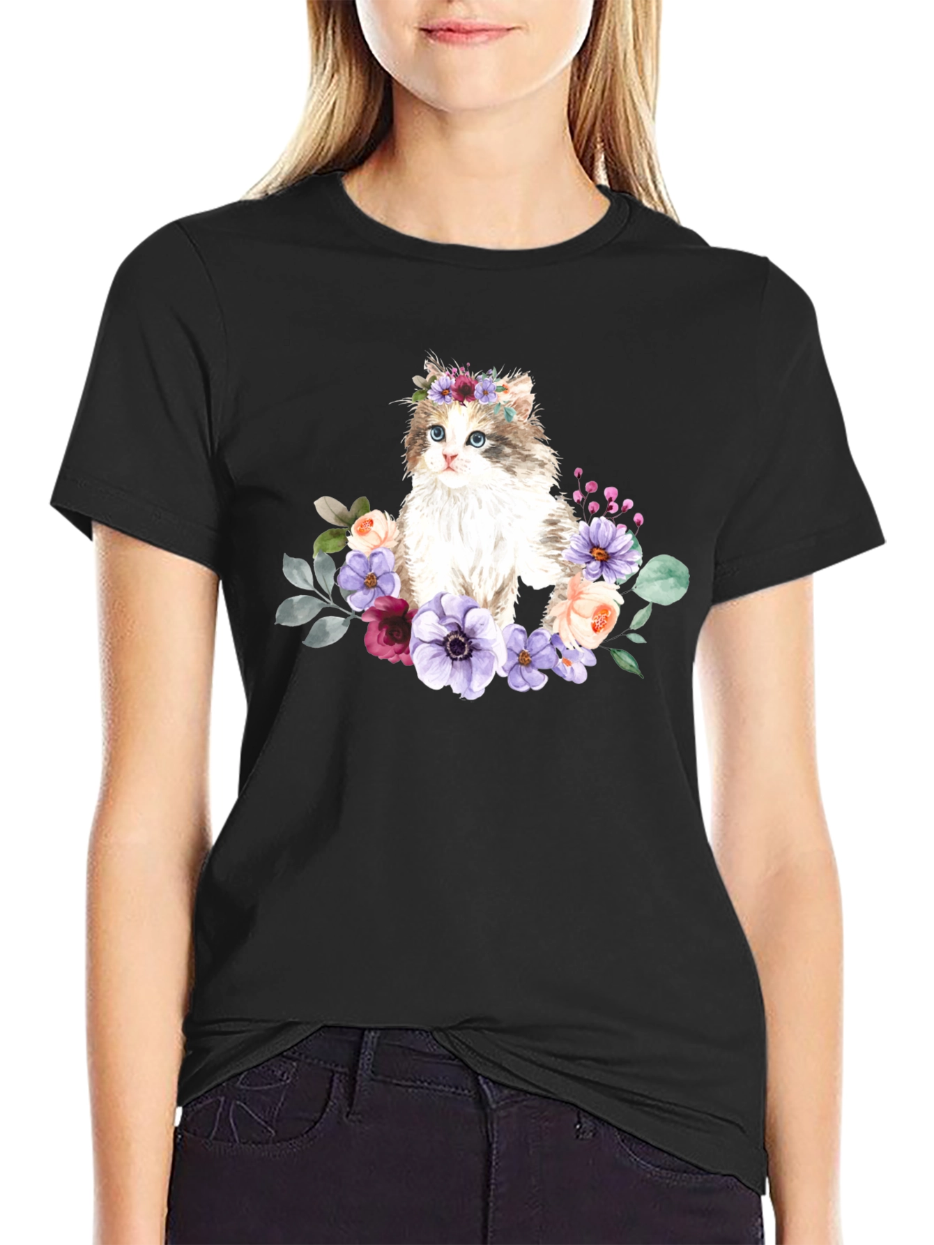 Black Floral Cat Graphic T-Shirt - Black view 2