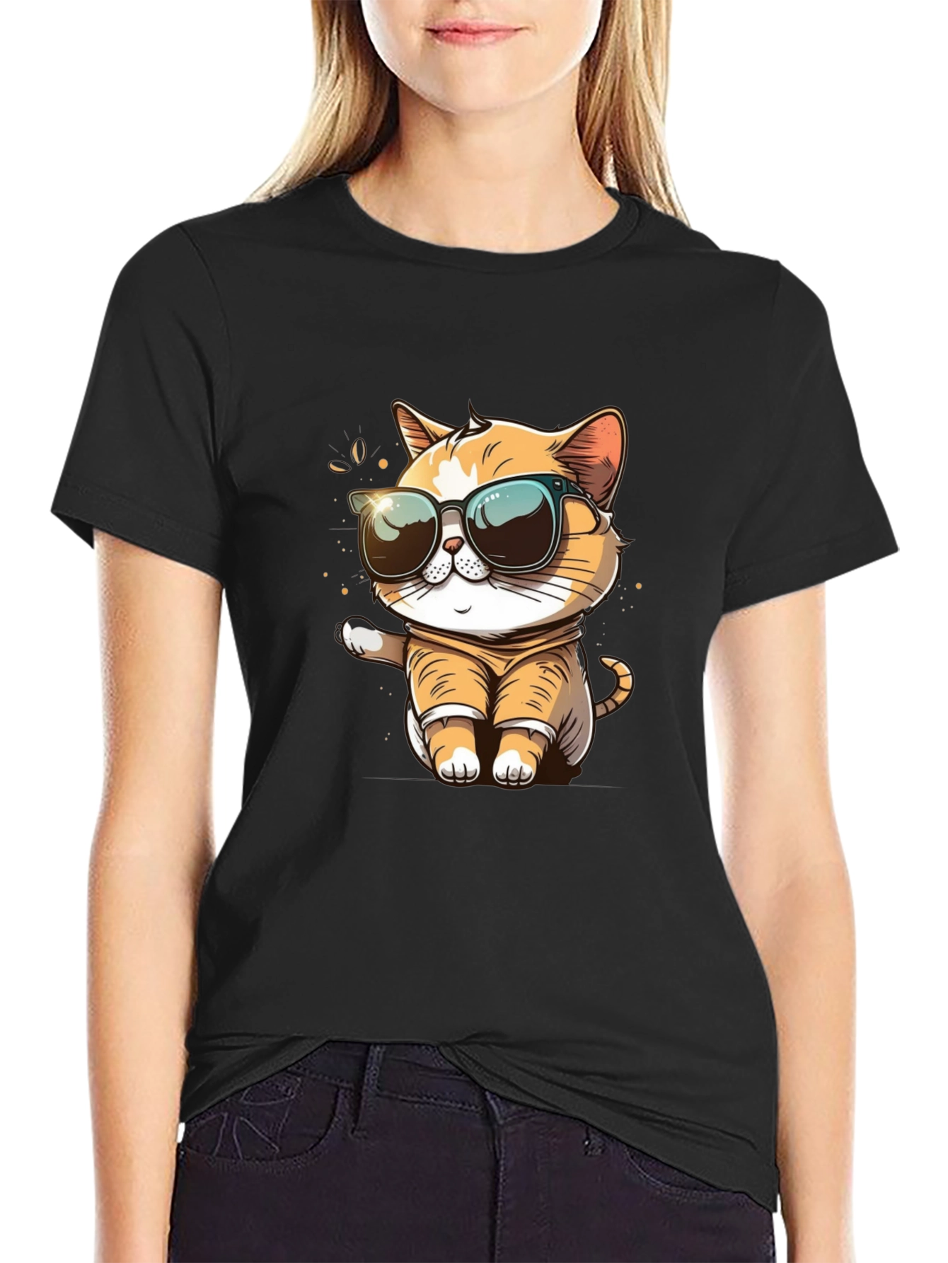 Black Cool Cat Graphic Tee - Trendy Style view 2