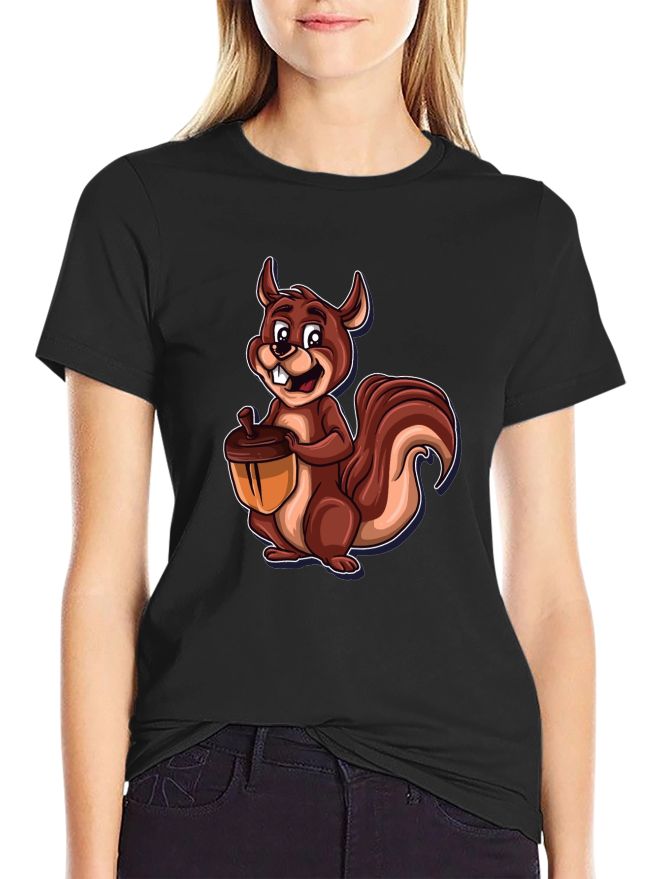 Black Squirrel Holding Acorn Graphic Tee - Black Cotton Shirt view 2