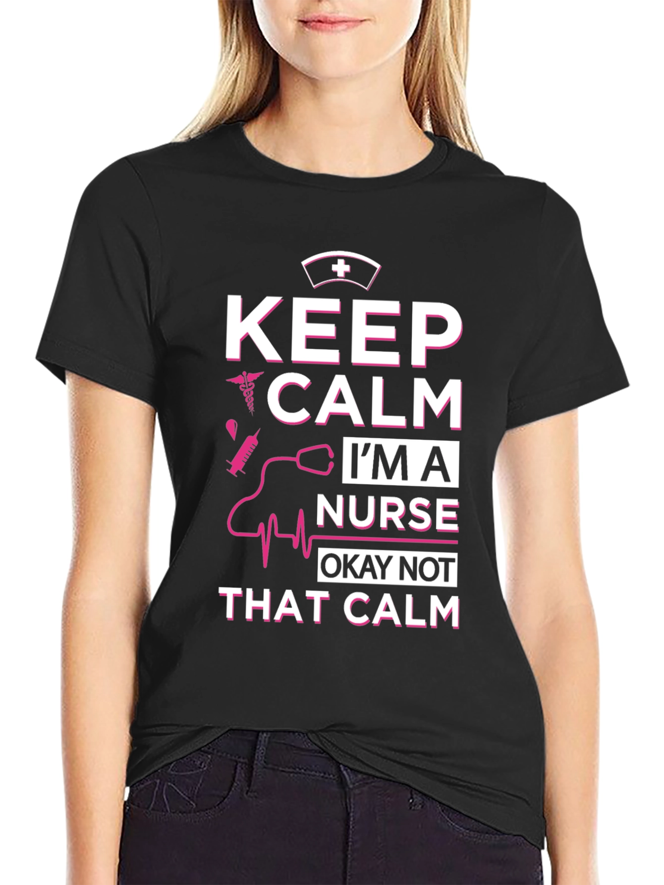 Black Keep Calm I'm A Nurse T-Shirt - Funny Nurse Tee view 2
