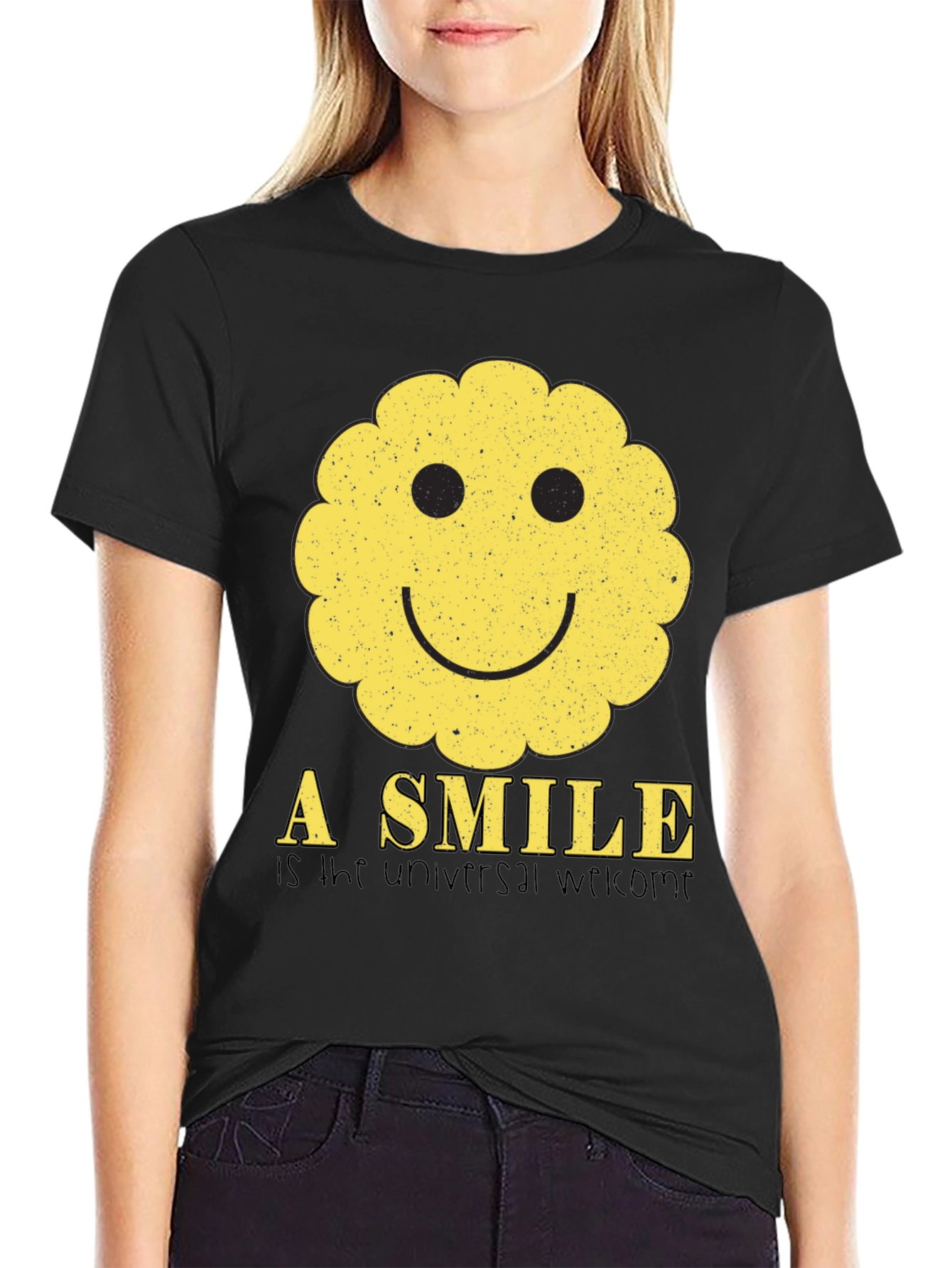 Black Smiley Face Graphic Tee - Universal Welcome T-Shirt view 2