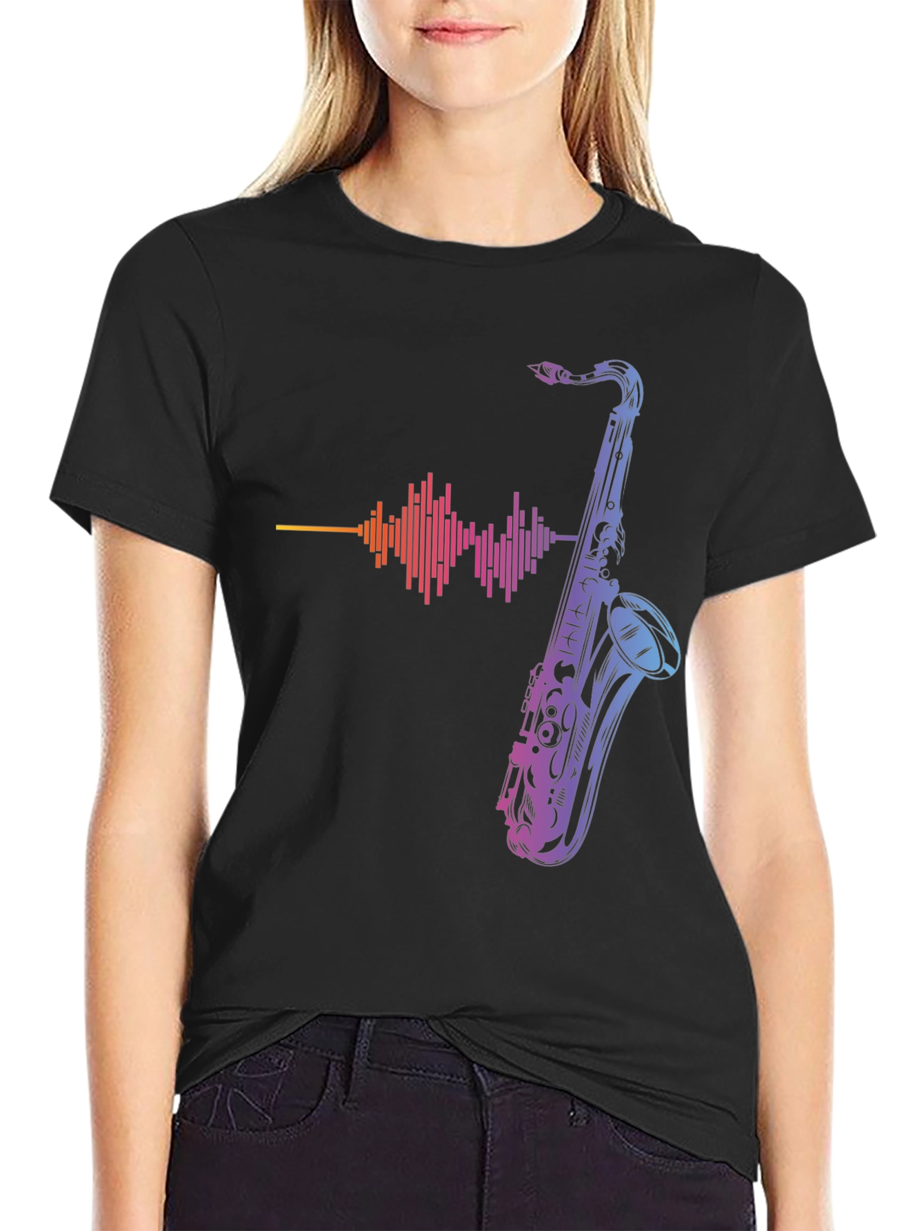Black Saxophone Graphic Print Tee - Music Lover T-Shirt view 2