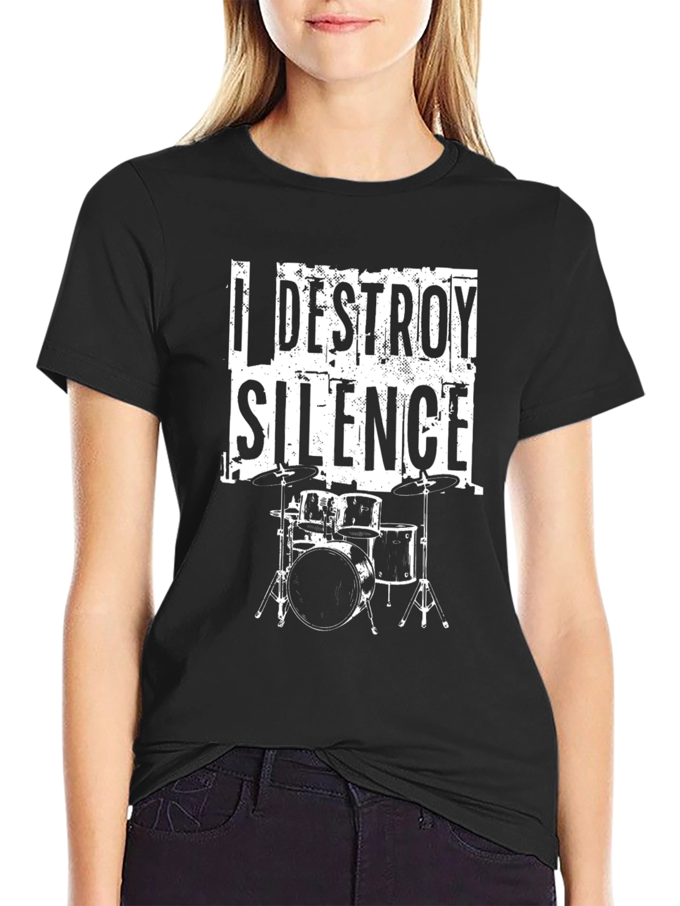 Black I Destroy Silence Black T-Shirt - Drummer Music Tee view 2