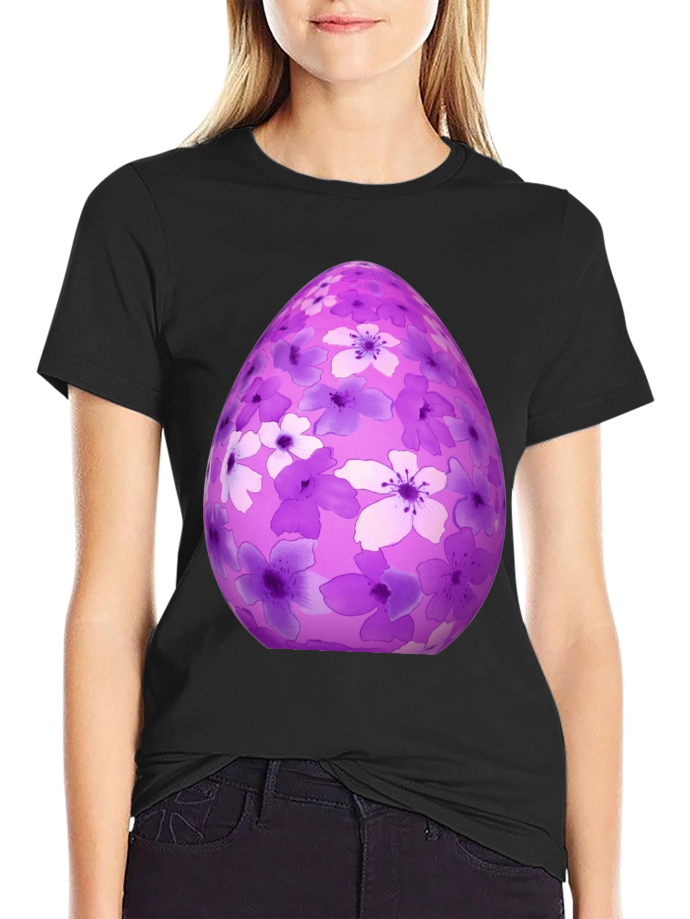 Black Floral Easter Egg Graphic Tee - Black Cotton Shirt view 2