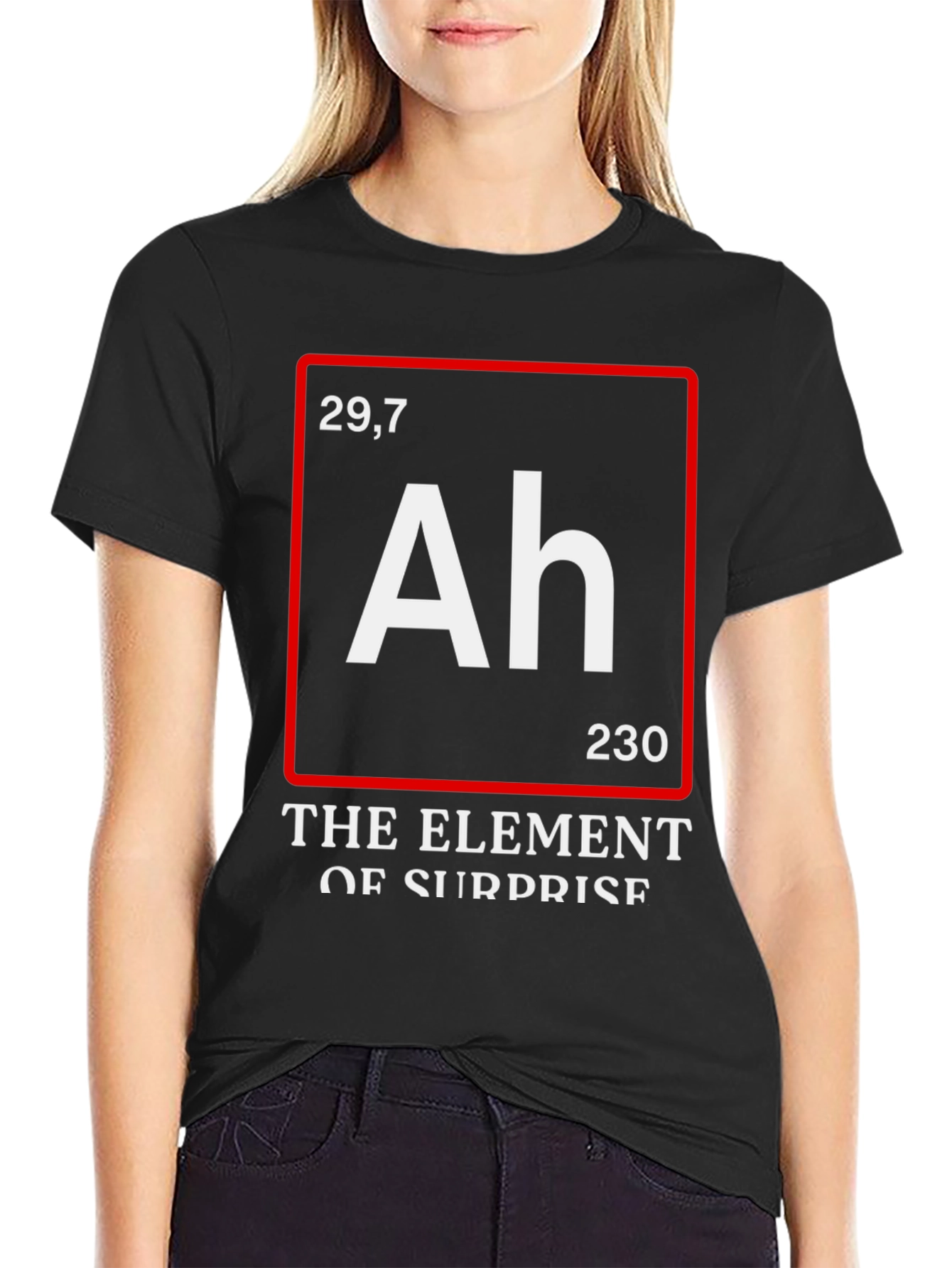 Black Funny Science T-Shirt: Element of Surprise (Ah) view 2