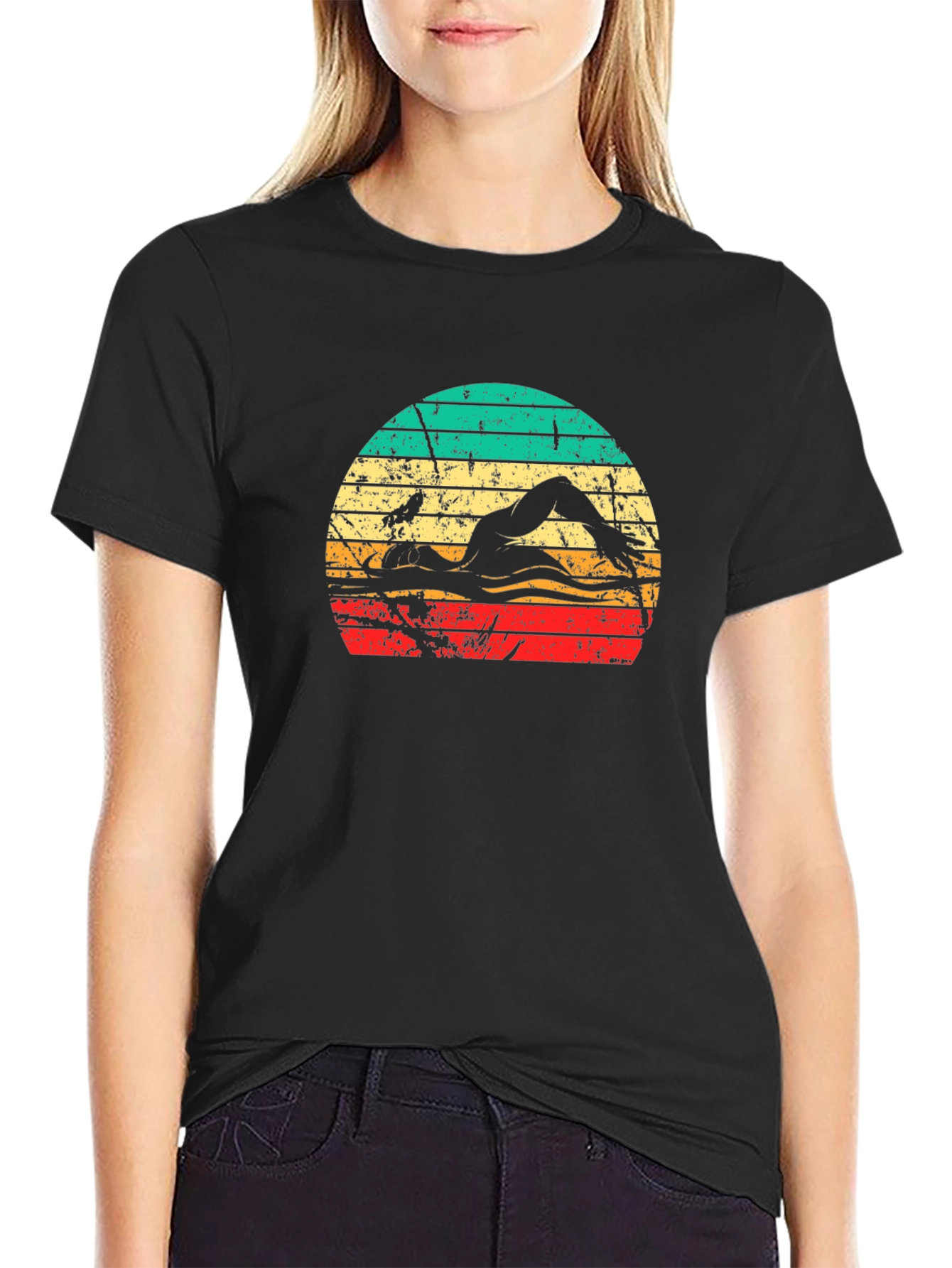 Retro Swimmer Graphic T-Shirt - Black - 2