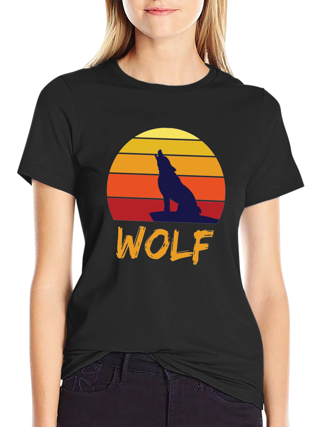 Black Wolf Sunset Graphic Tee - Vintage Style T-Shirt view 2