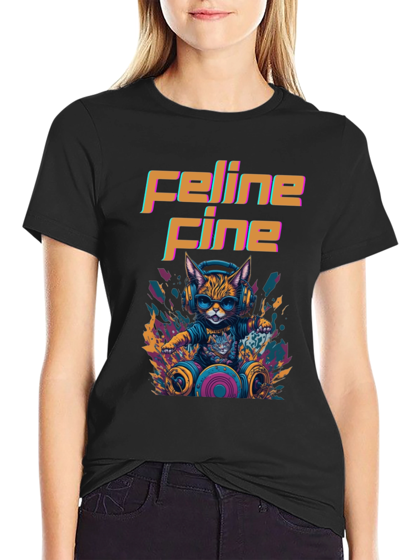 Black Feline Fine Graphic Tee - DJ Cat T-Shirt view 2