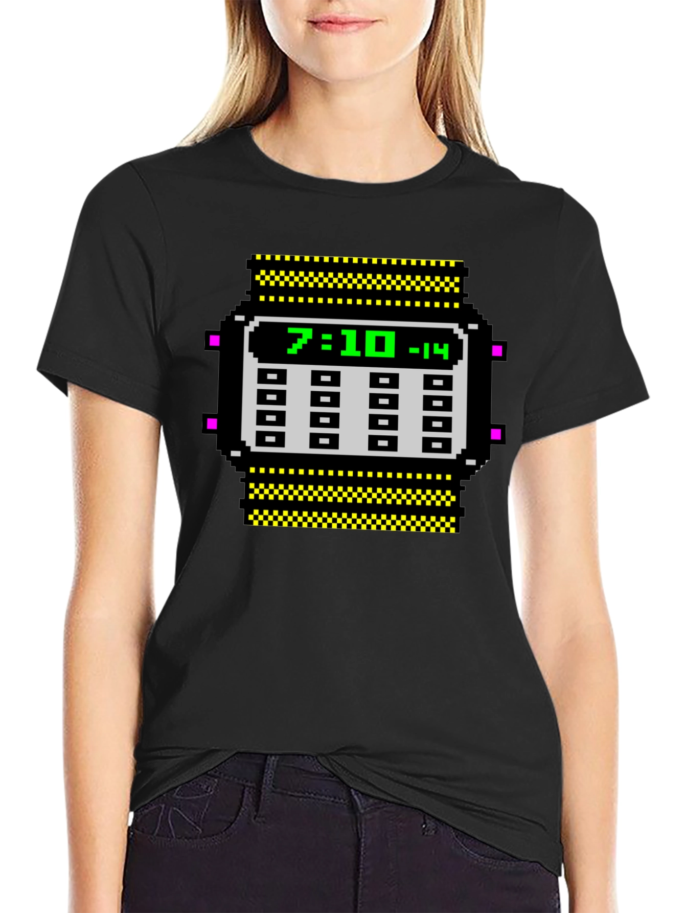 Black Retro Pixel Watch T-Shirt - Geeky Timepiece Design view 2