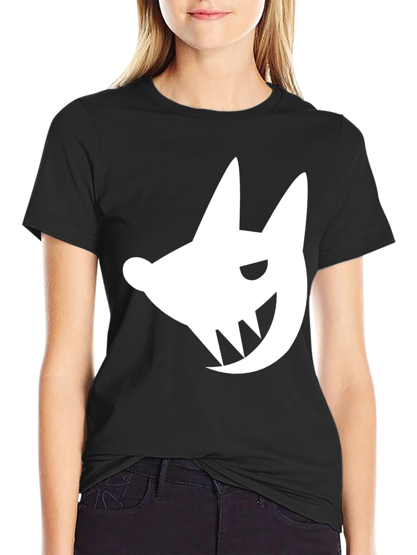 Black Edgy White Fanged Creature Graphic Black T-Shirt view 2