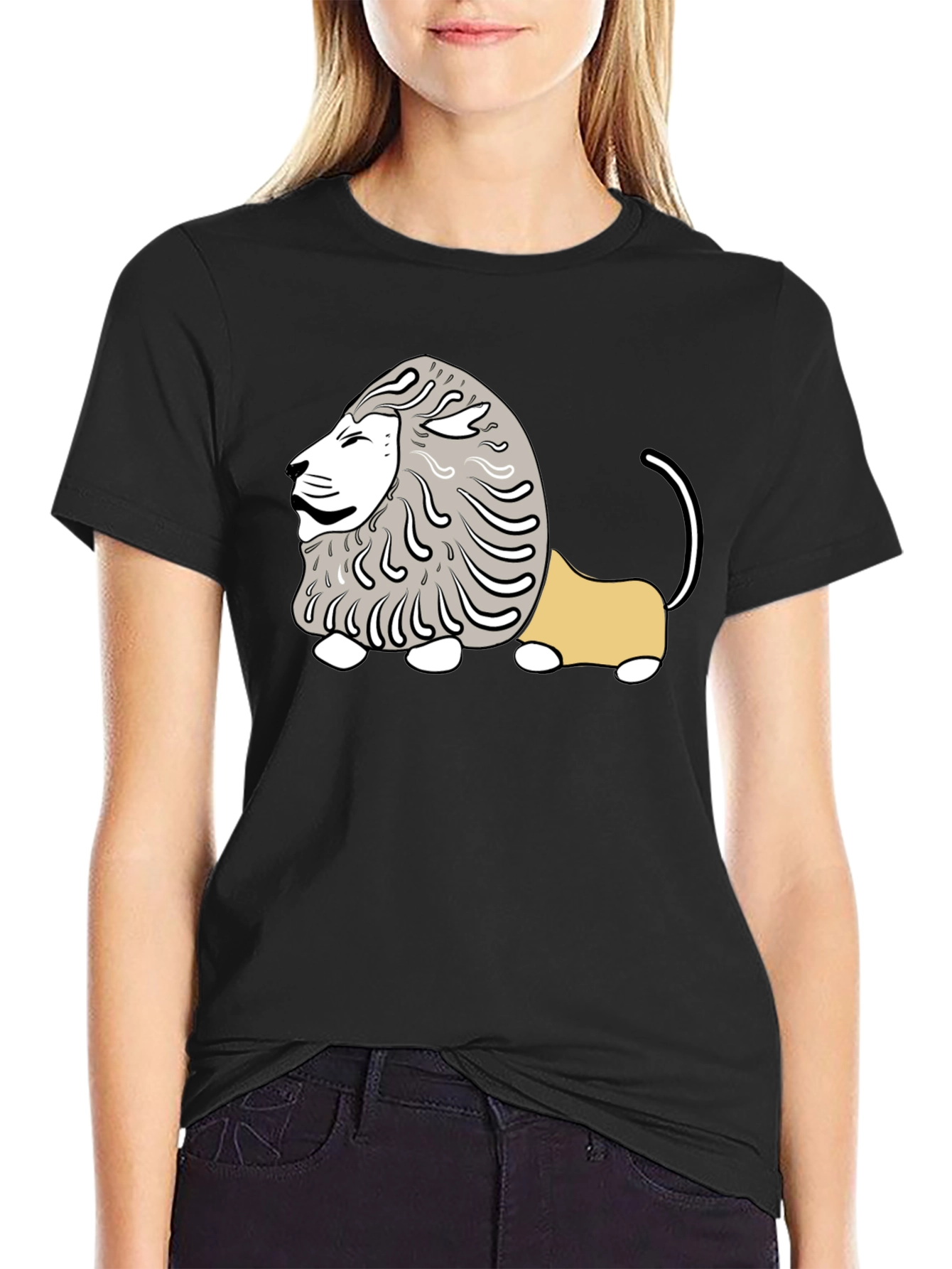 Black Cartoon Lion Graphic Tee - Casual Black T-Shirt view 2