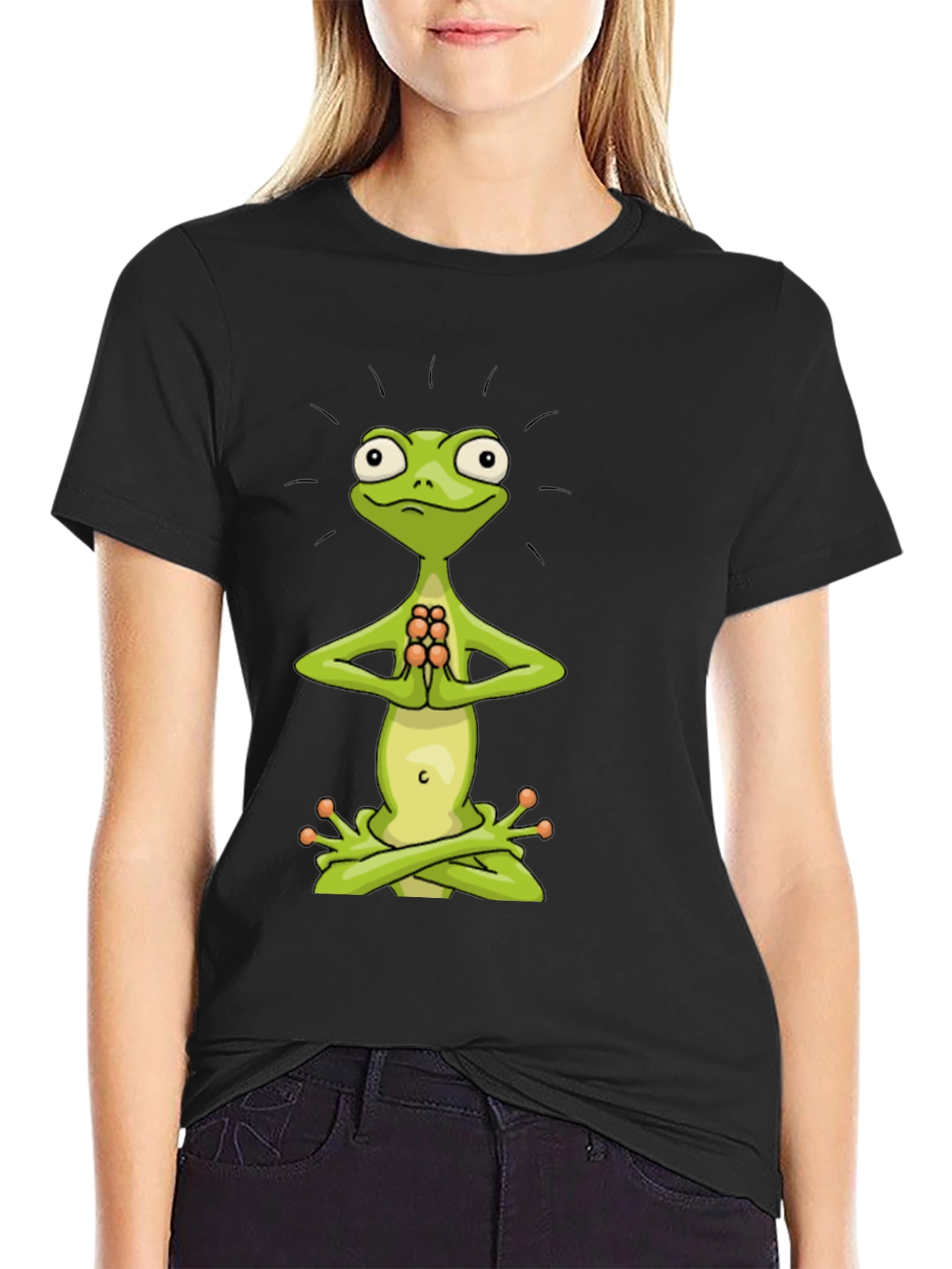 Black Zen Frog Tee - Meditating Cartoon Frog T-Shirt view 2