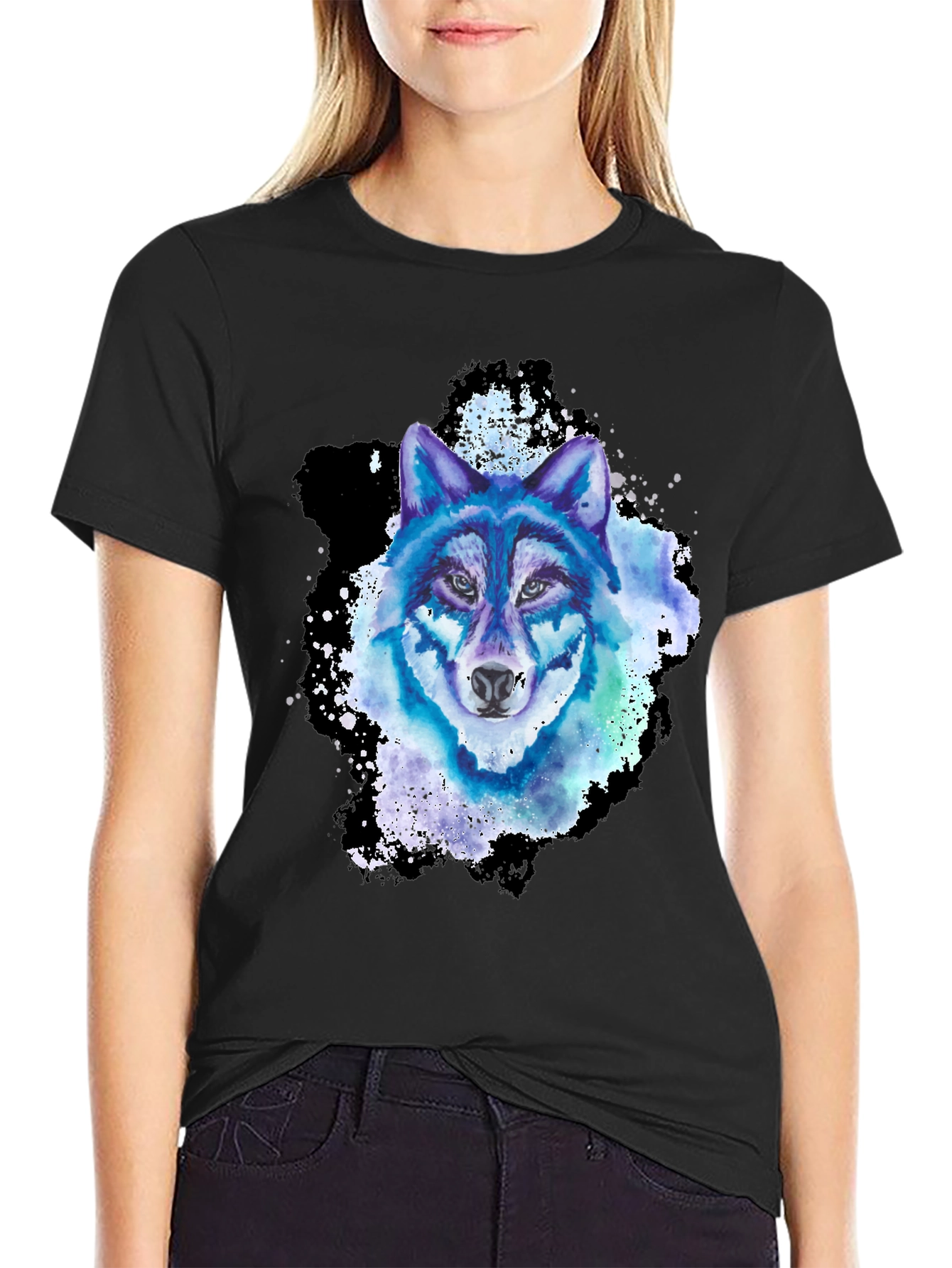 Black Watercolor Wolf Graphic T-Shirt view 2