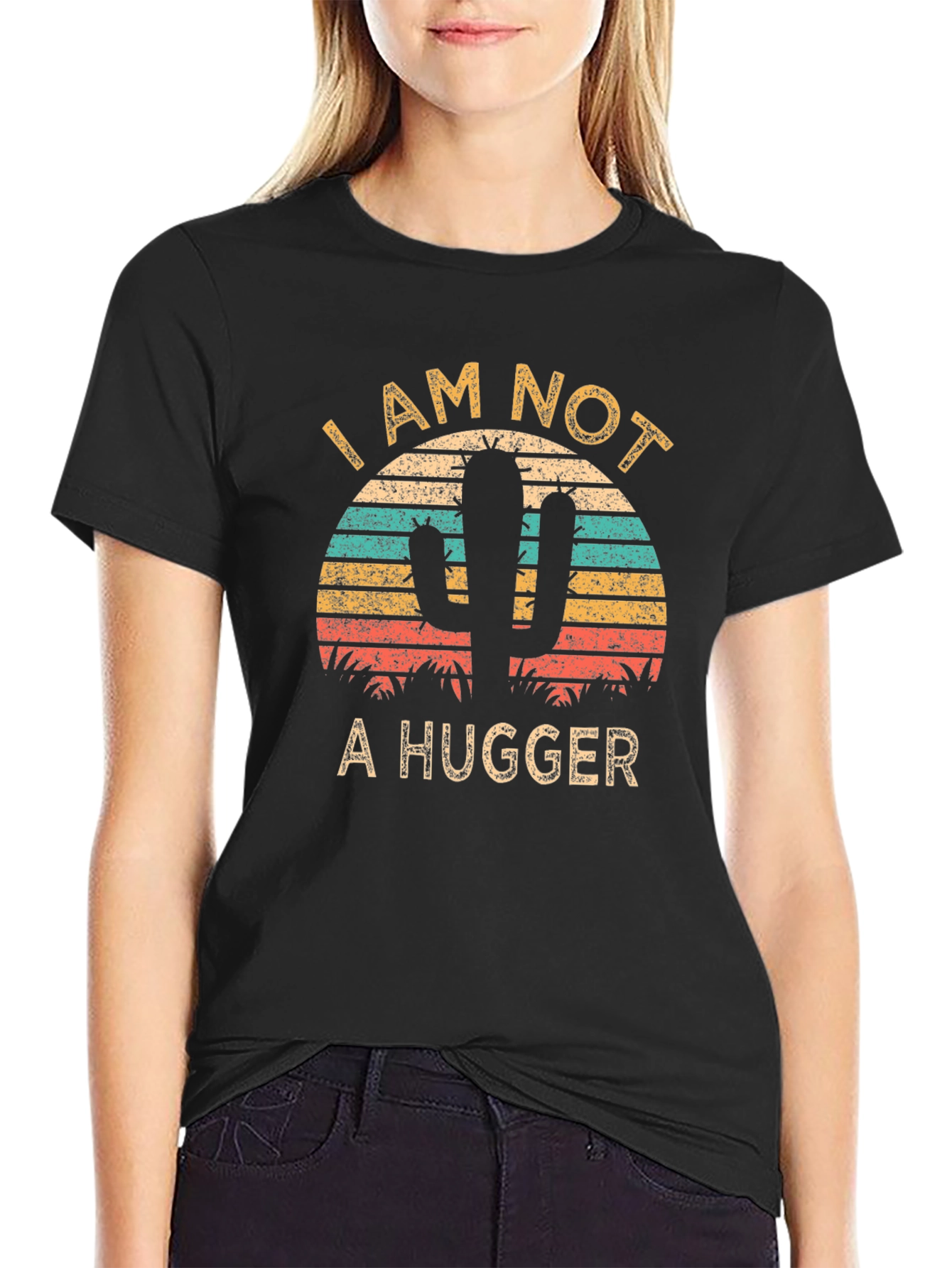 Black I am Not a Hugger Cactus Graphic T-Shirt view 2