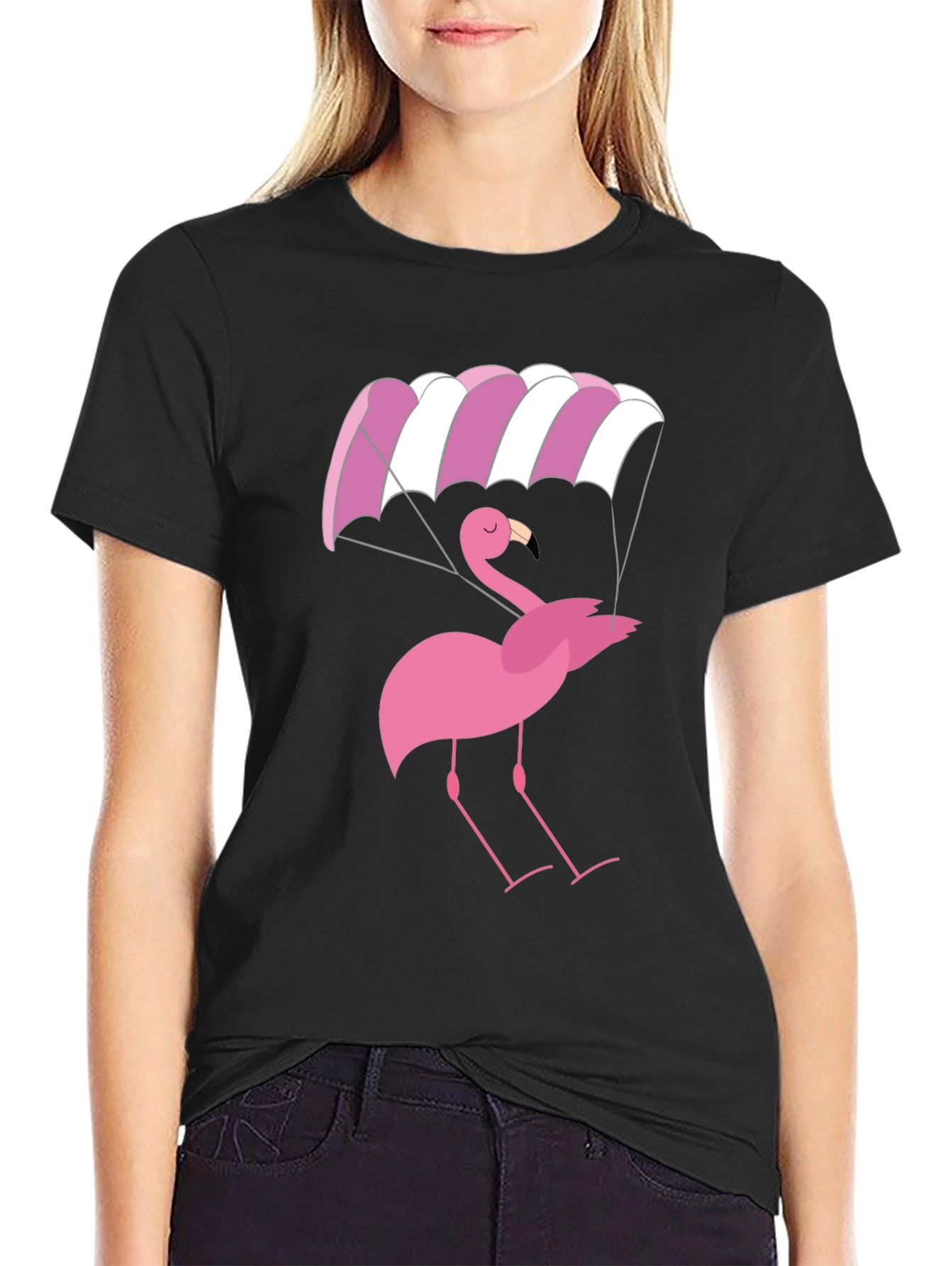 Black Pink Flamingo Parachute Black T-Shirt view 2