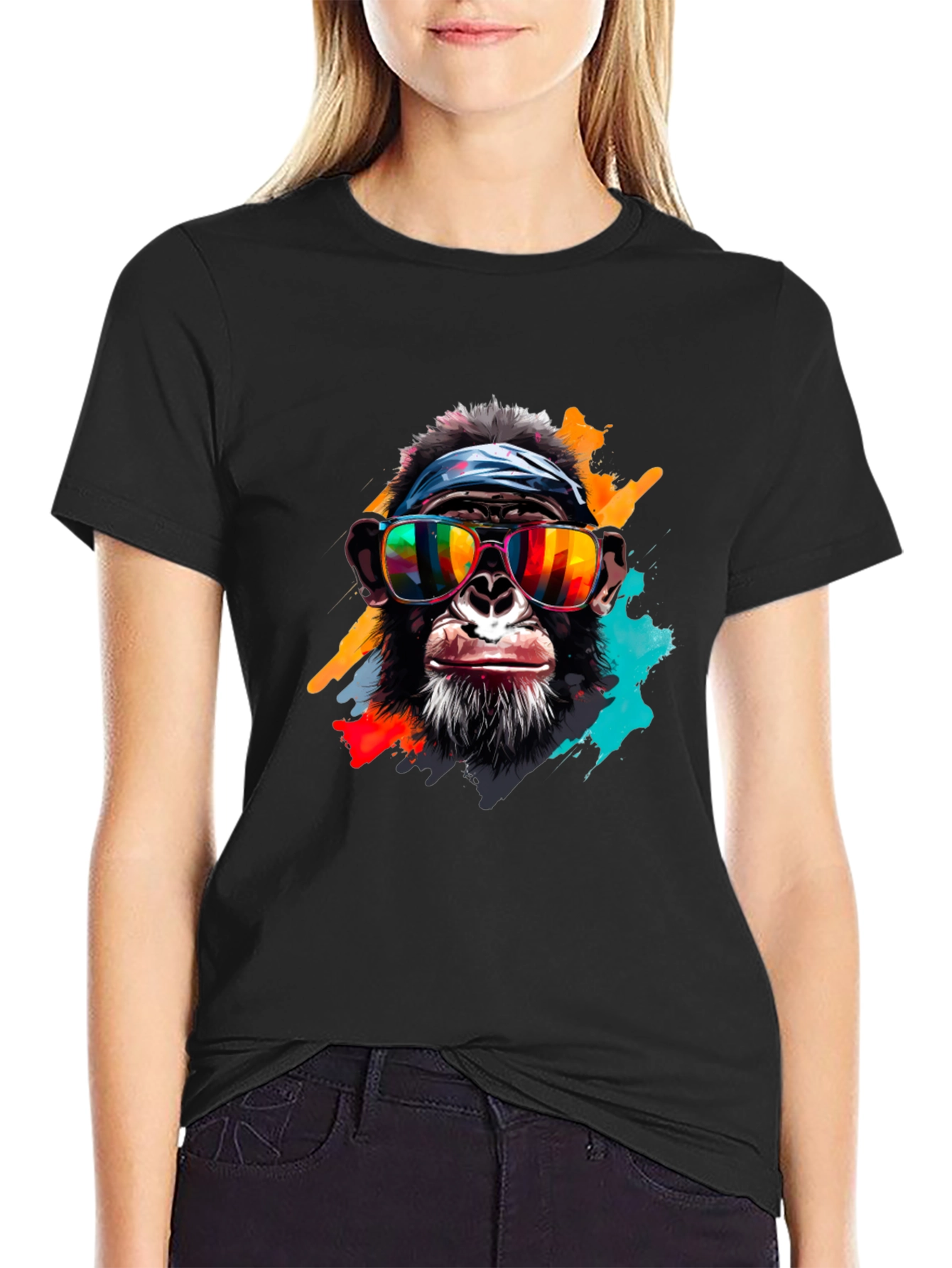 Black Cool Chimpanzee Graphic Black T-Shirt view 2
