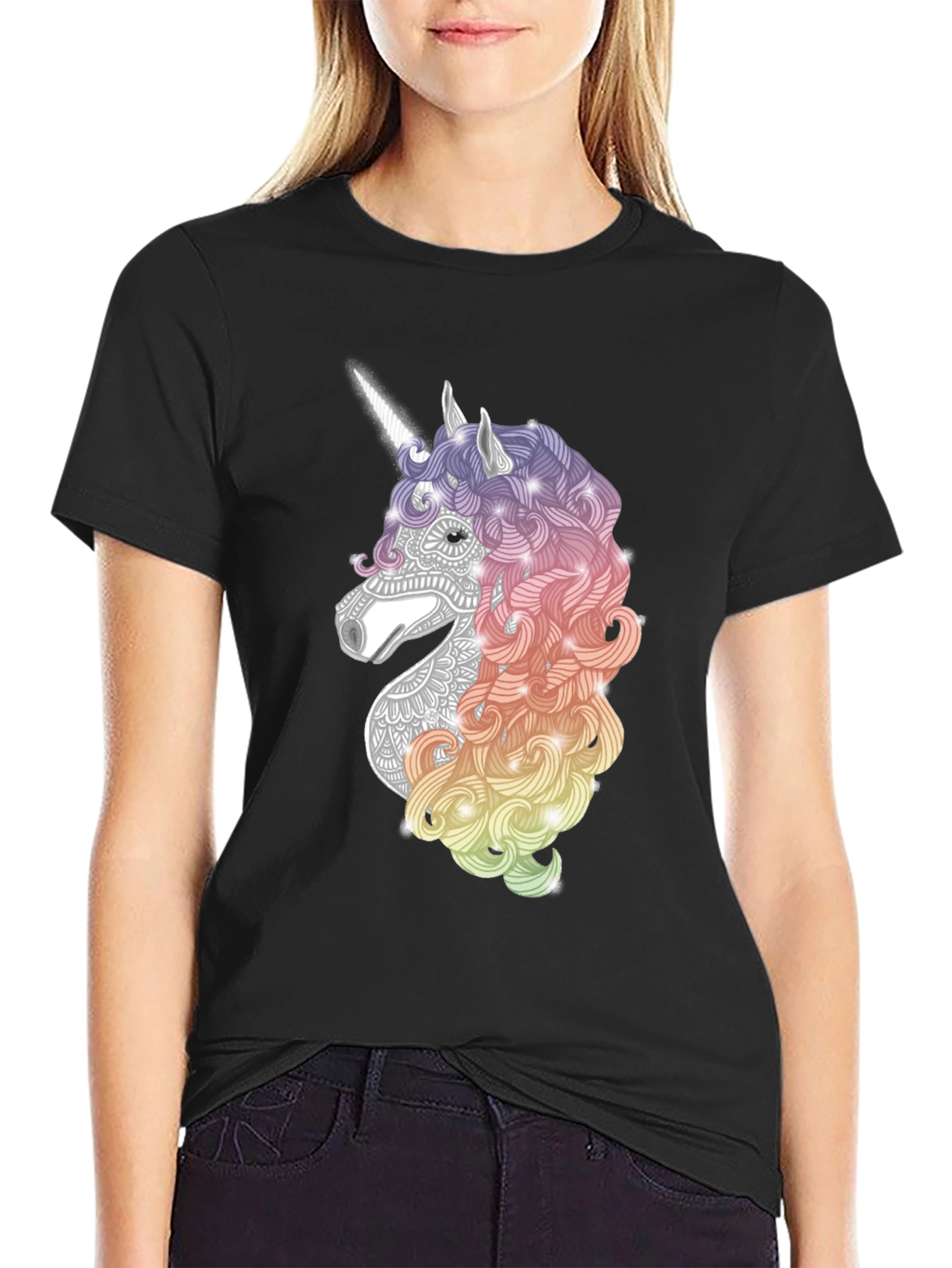 Black Unicorn Graphic Tee - Black Cotton Casual T-Shirt view 2