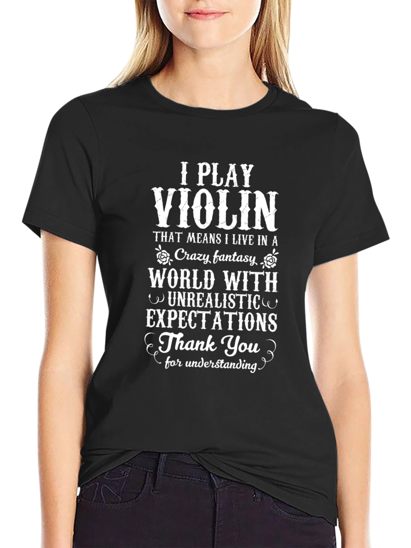 Black I Play Violin Funny T-Shirt view 2