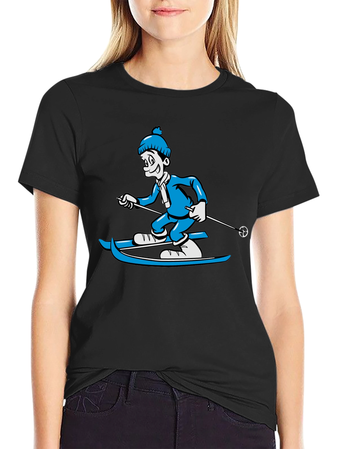 Black Skiing Cartoon Graphic Tee view 2
