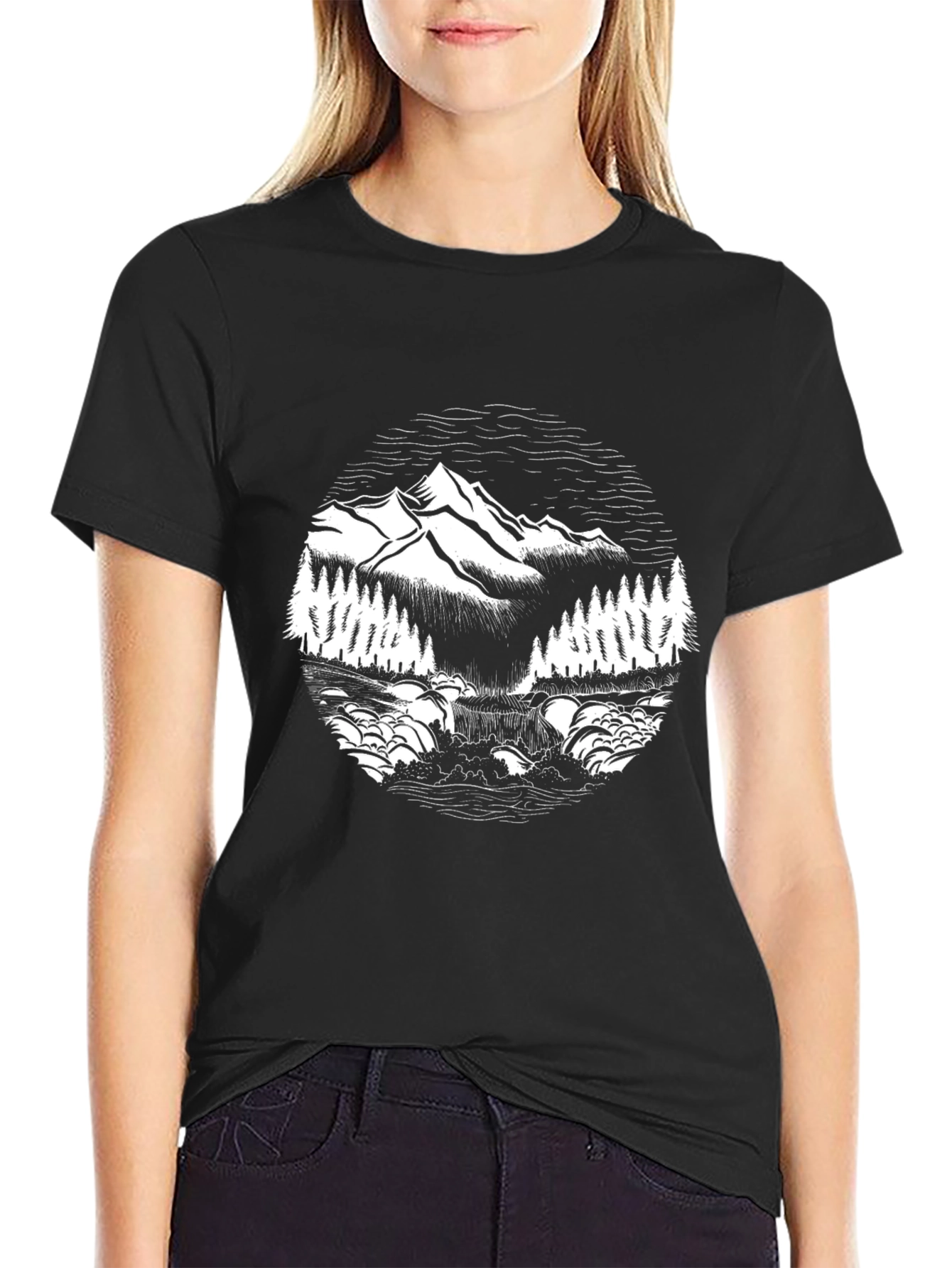Black Mountain Scene Graphic Tee - Black Cotton T-Shirt view 2