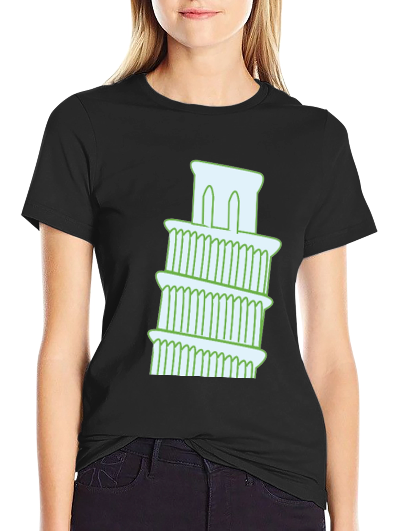 Black Leaning Tower Graphic Tee - Black Cotton T-Shirt view 2