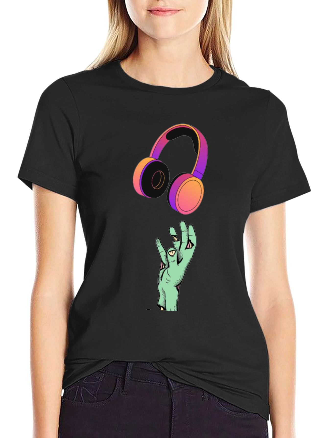 Black Cool Graphic T-Shirt with Headphones and Hand Design view 2