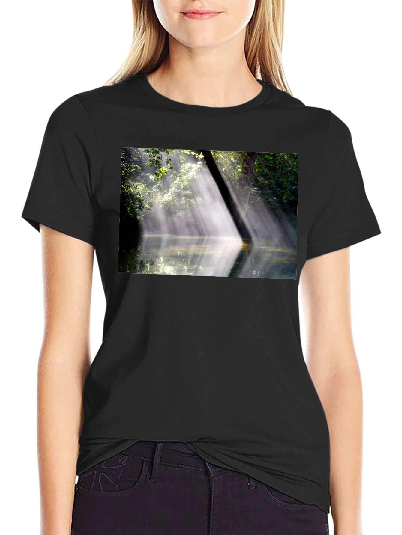 Black Nature's Embrace Tee - Sunlit Forest Design view 2