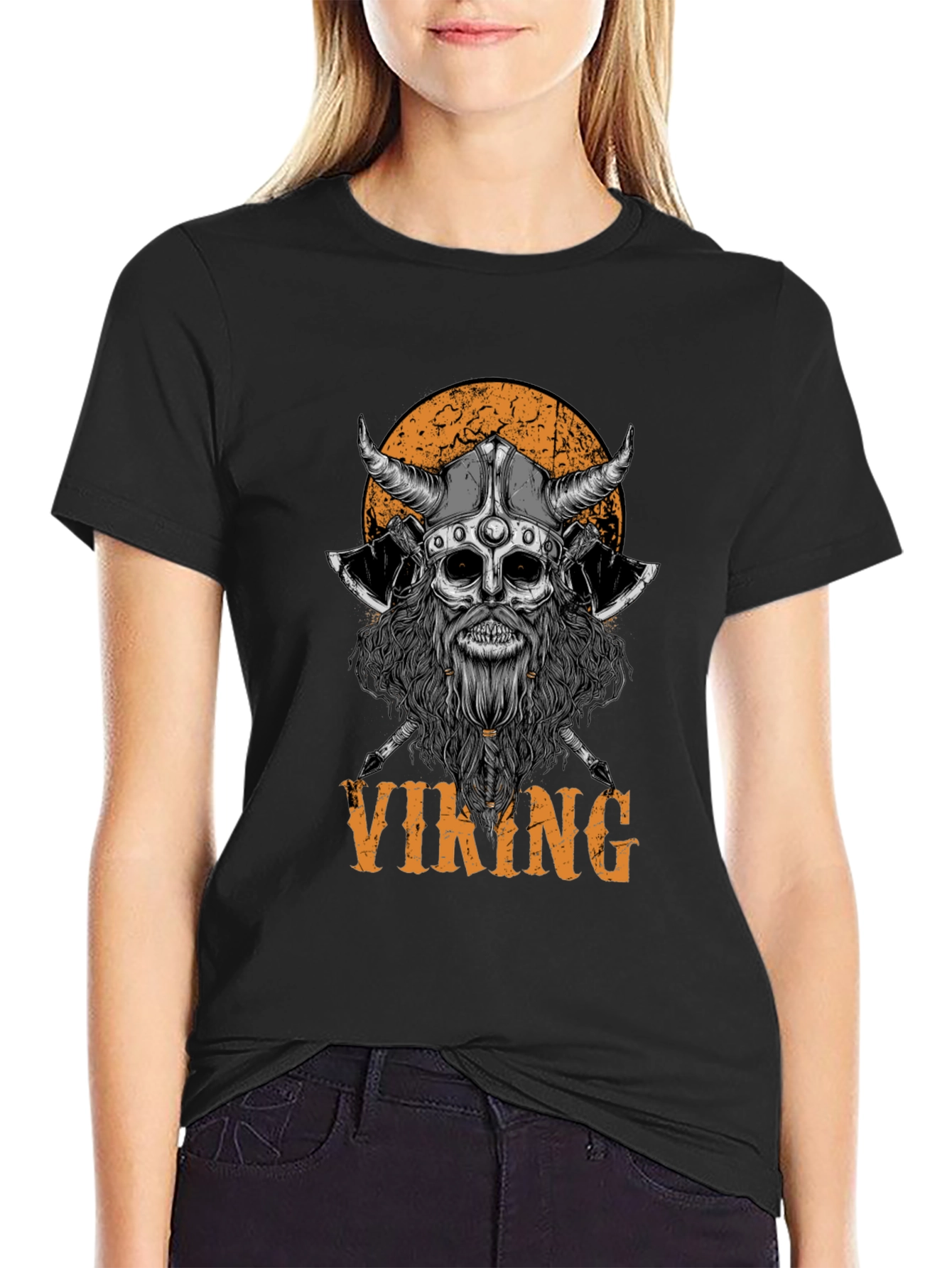 Black Viking Skull Graphic Black T-Shirt view 2