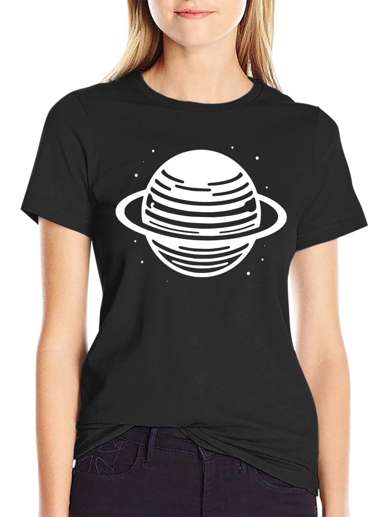 Black Saturn Graphic Tee - Trendy Black Cotton Blend T-Shirt view 2