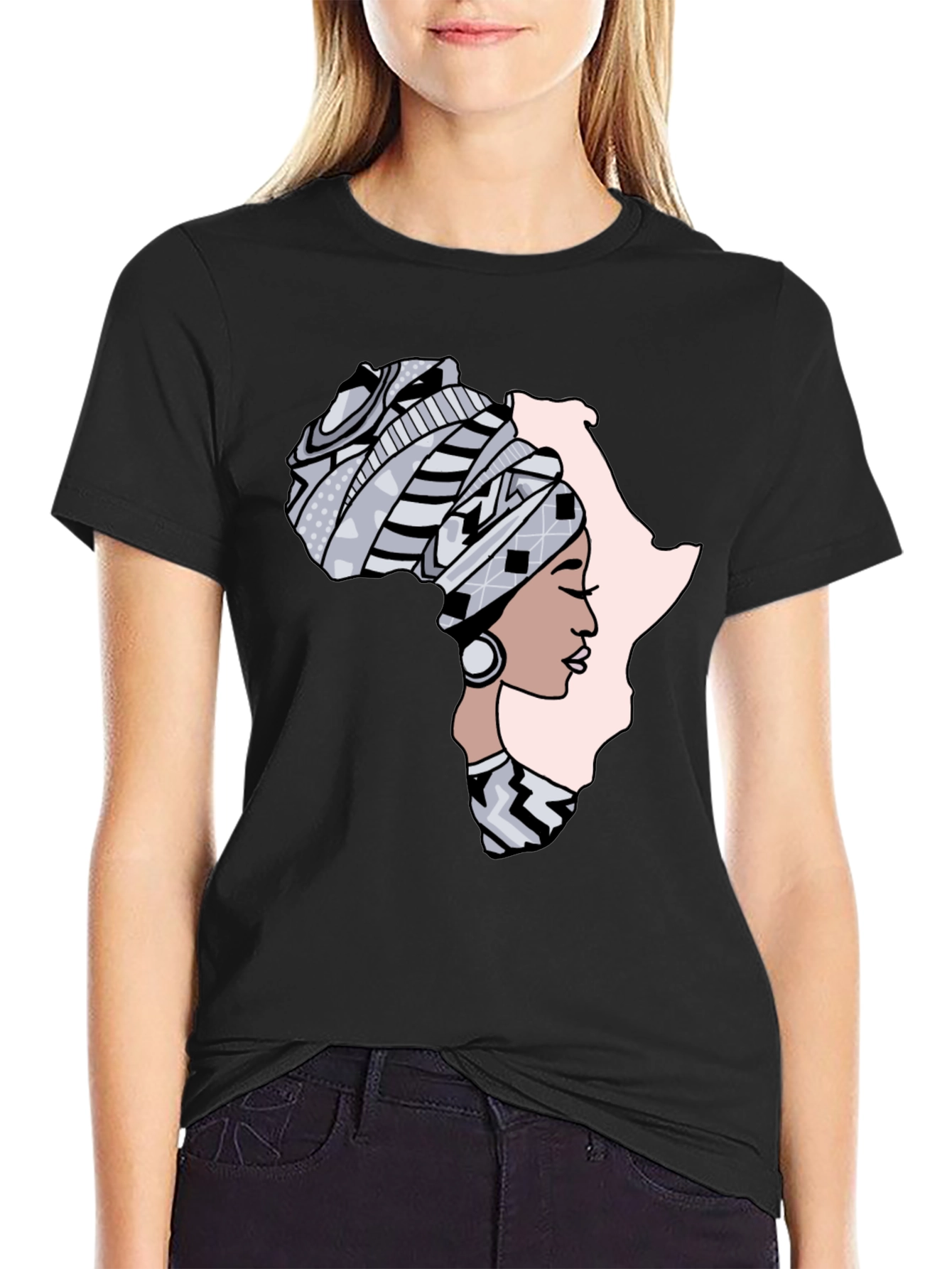 Black Africa Woman Graphic Tee - Black Cotton T-Shirt view 2