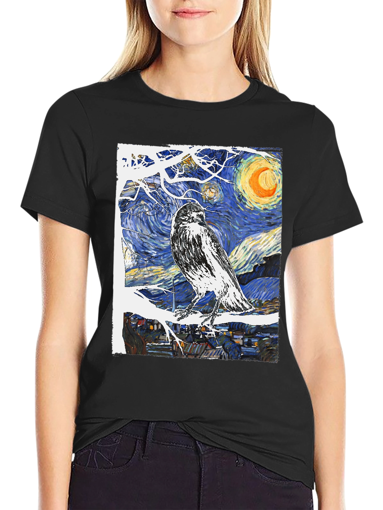 Black Starry Night Raven T-Shirt Art Tee view 2