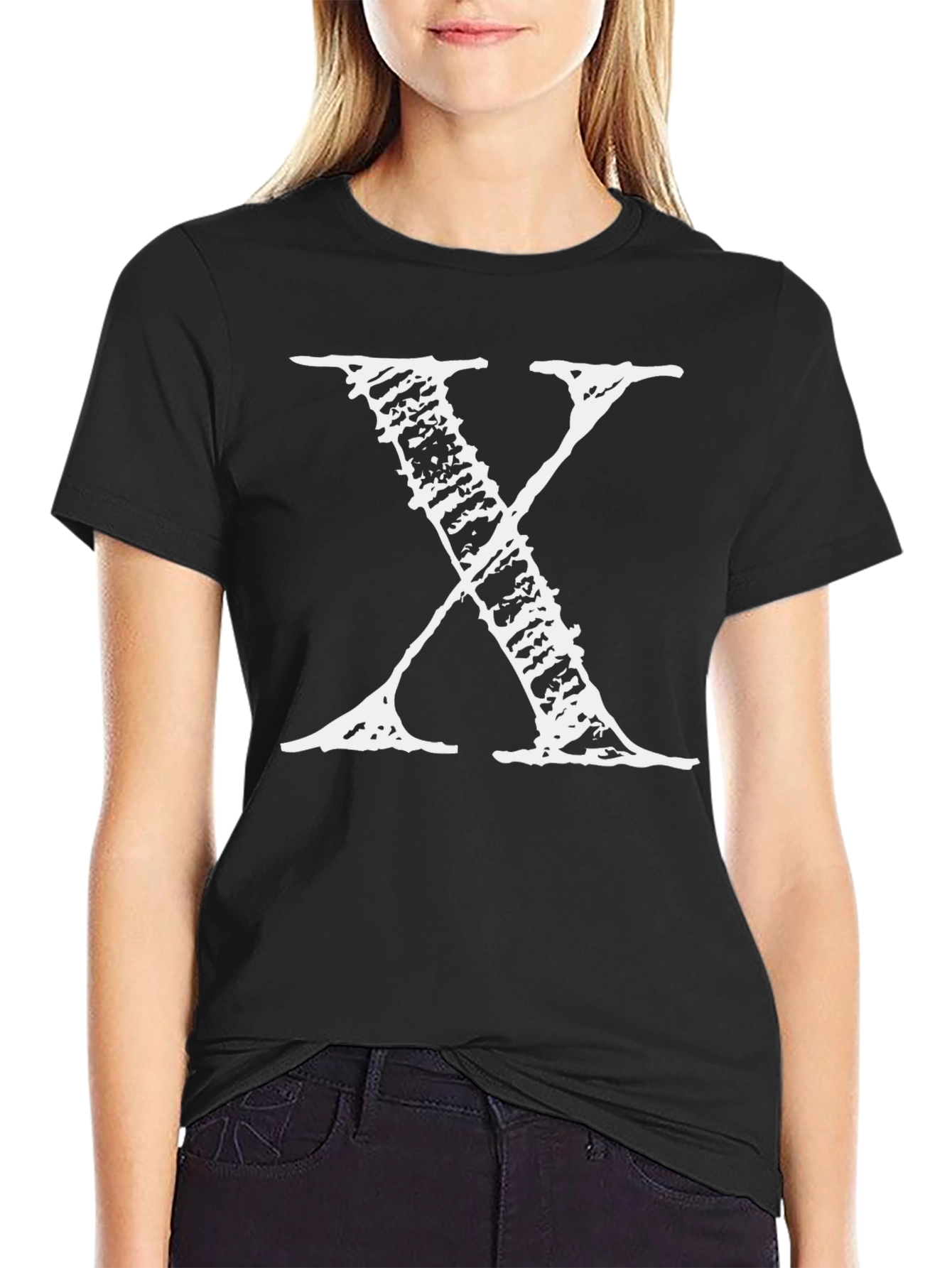 Black Men's Black T-Shirt with Distressed White "X" Print view 2