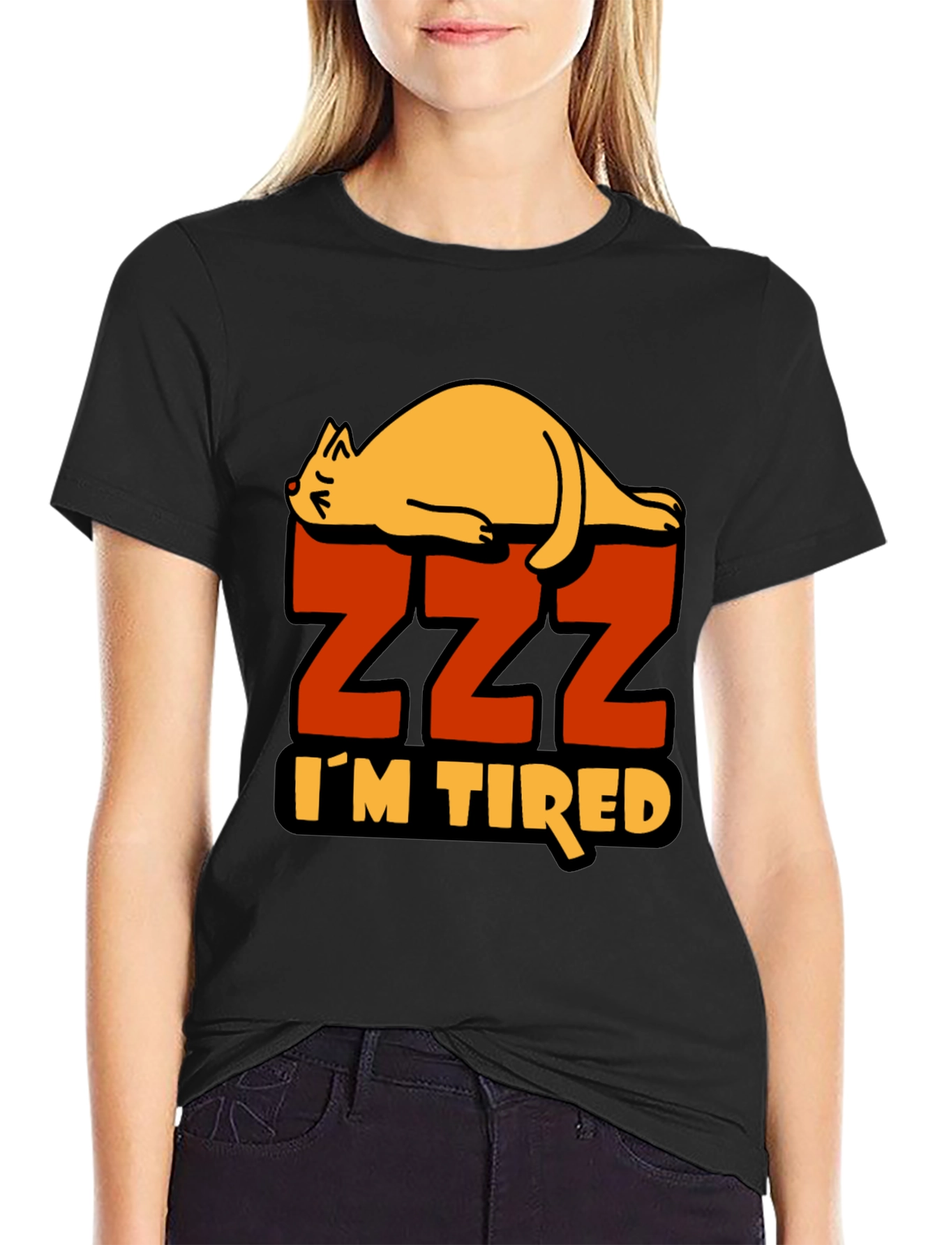 Black I'm Tired Cat Zzz T-Shirt - Sleepy Lazy Funny Tee view 2