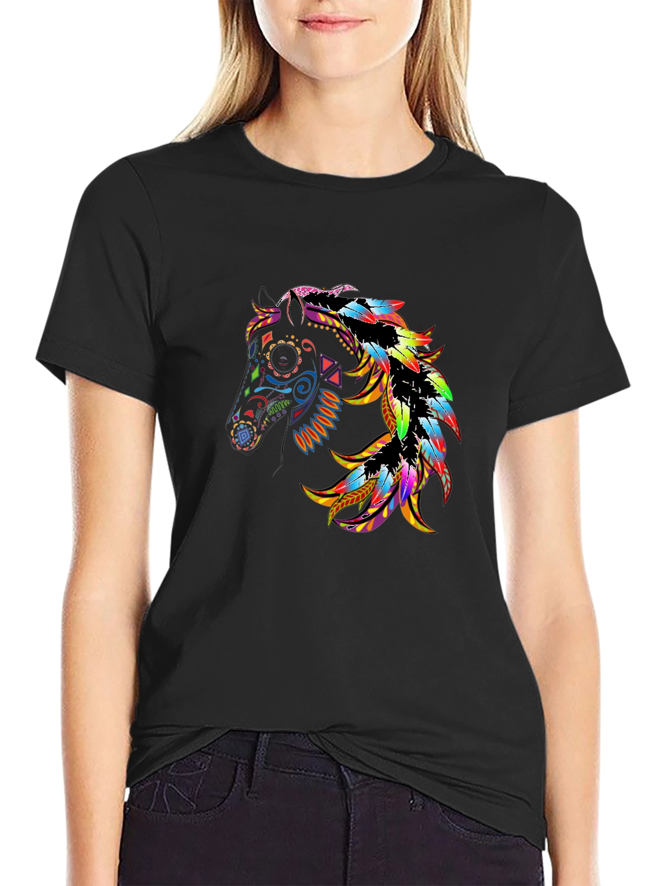 Black Black Tee with Colorful Horse Graphic view 2