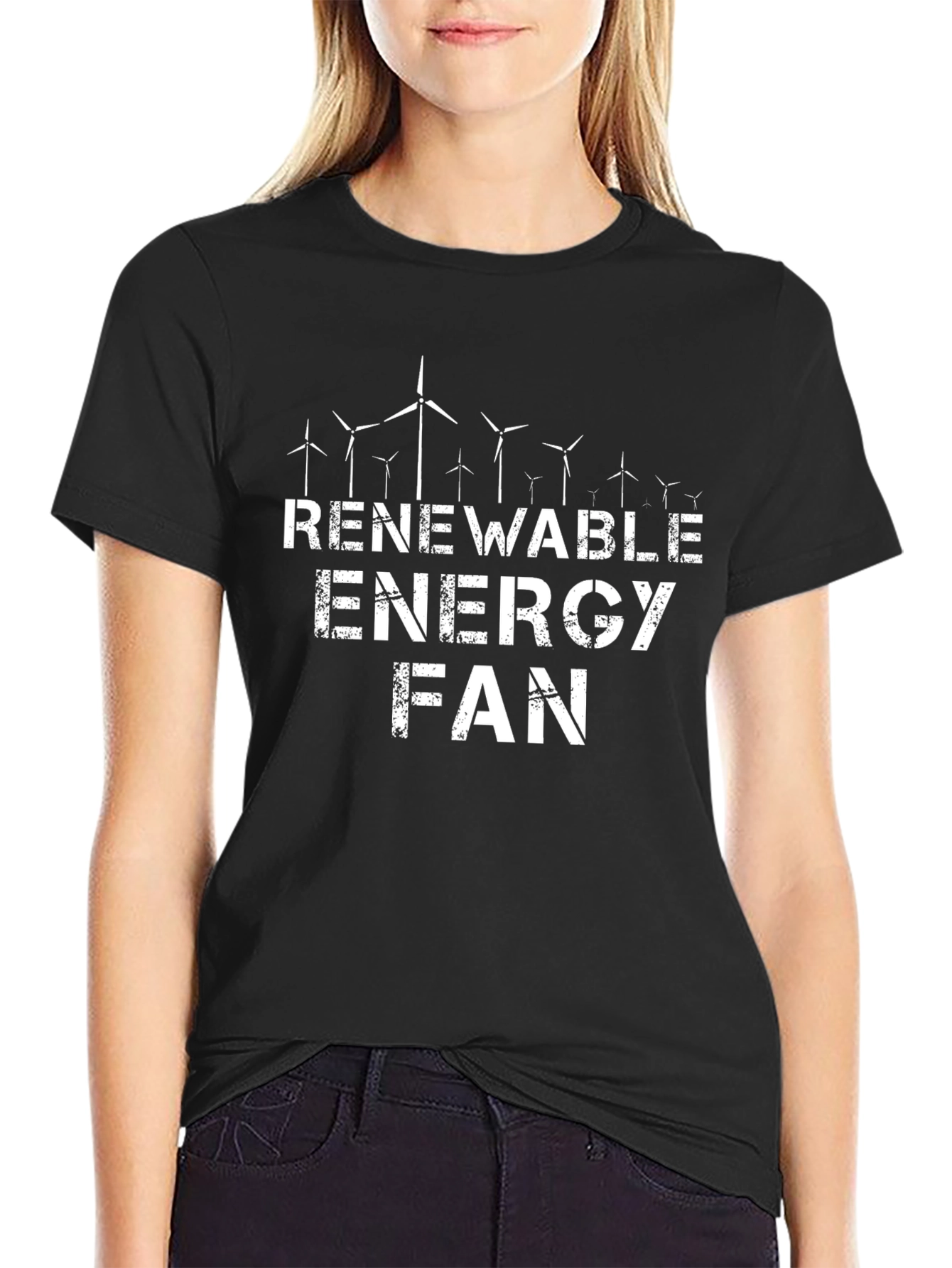 Black Renewable Energy Fan T-Shirt Black Crew Neck view 2