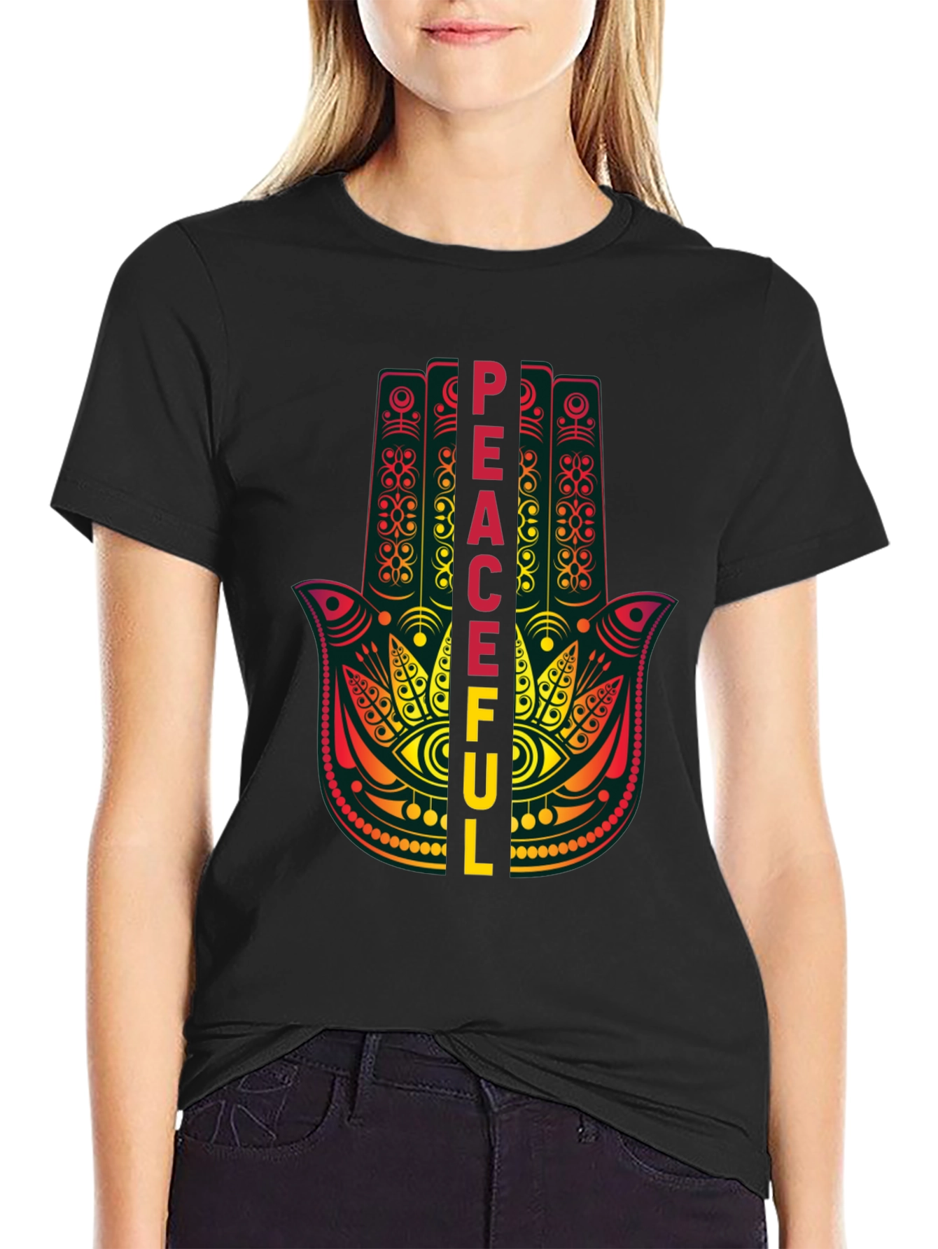 Black Peaceful Hamsa Hand Graphic T-Shirt view 2