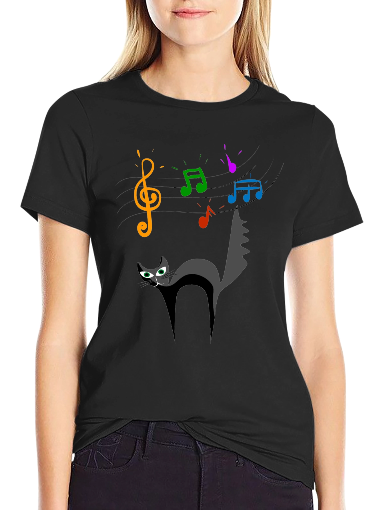 Black Cat Music T-Shirt - Quirky Black Tee for Cat Lovers view 2