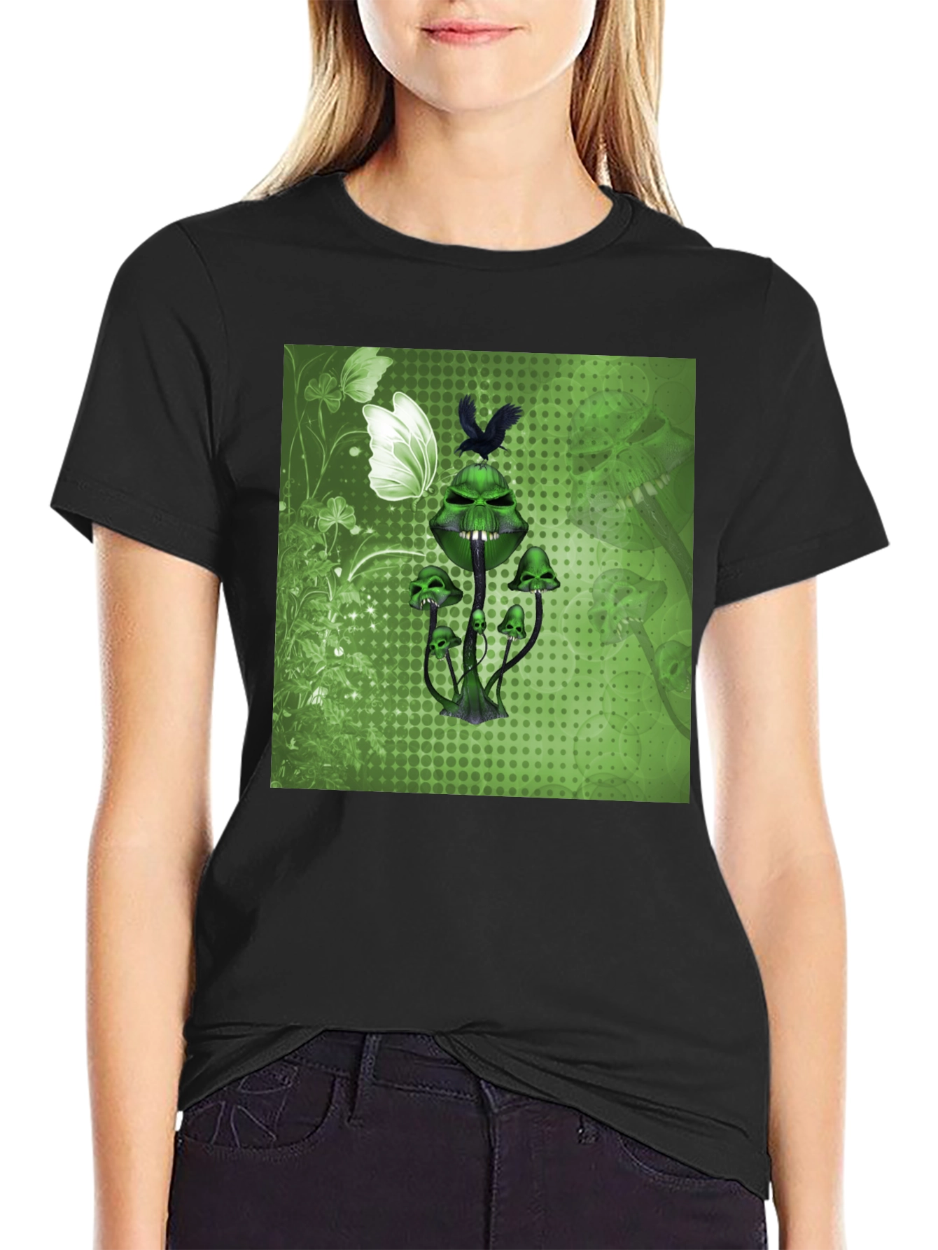 Black Grim Green Mushroom Graphic Tee - Edgy & Unique view 2