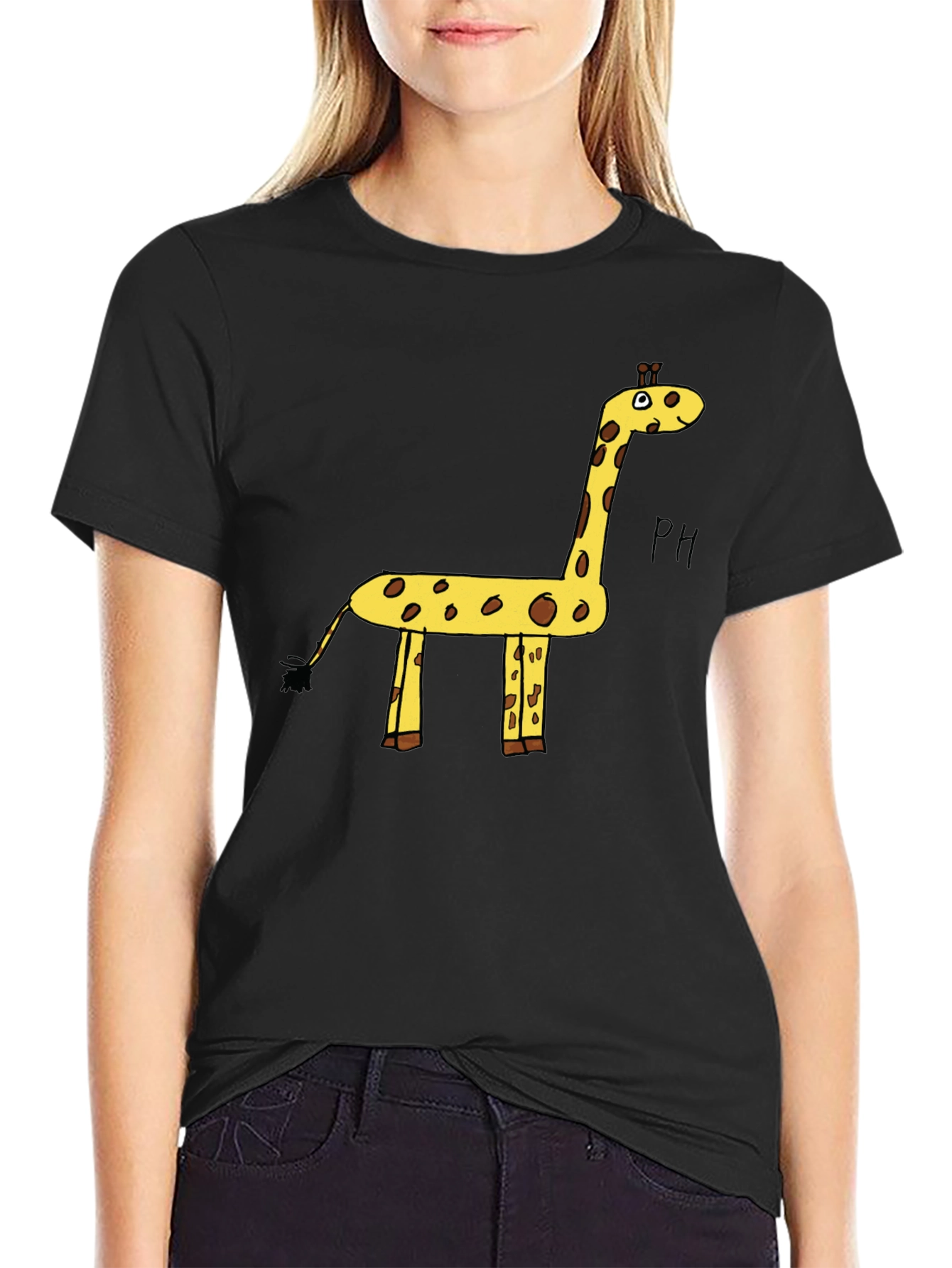 Black Giraffe Cartoon Graphic Tee - Black Cotton T-Shirt view 2