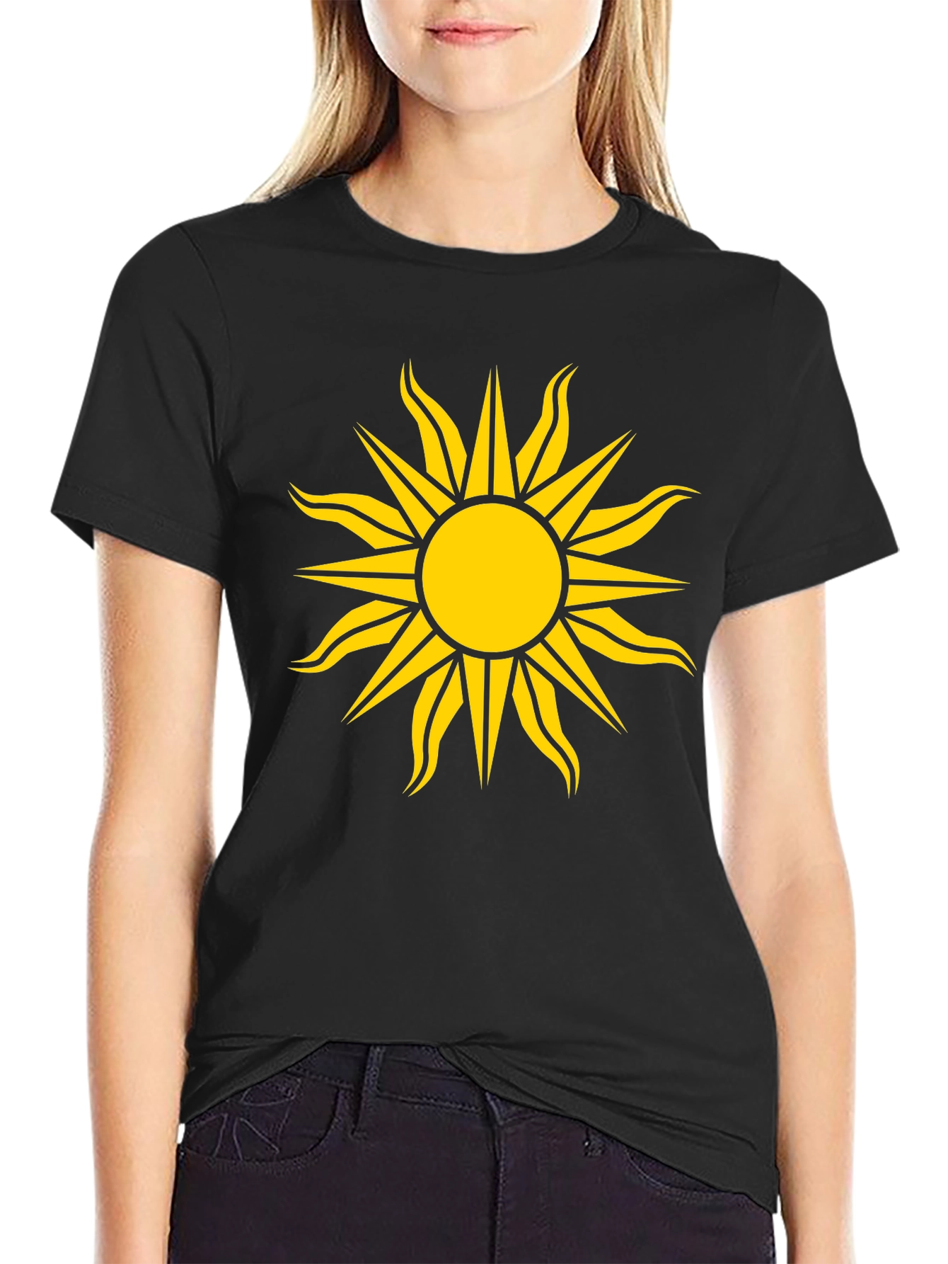 Black Black Tee with Bold Yellow Sun Design view 2